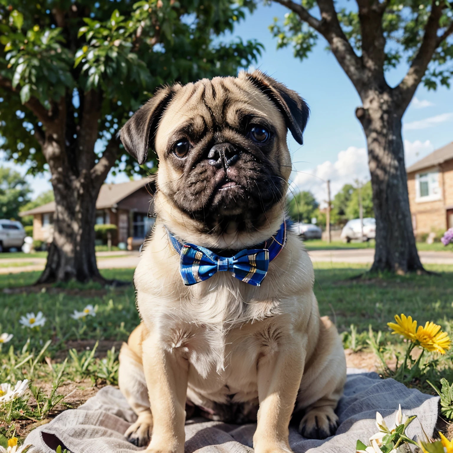 Pug puppy with a bowtie on his nose. Puppy sitting under a tree, wild flowers around. The day is clear and sunny