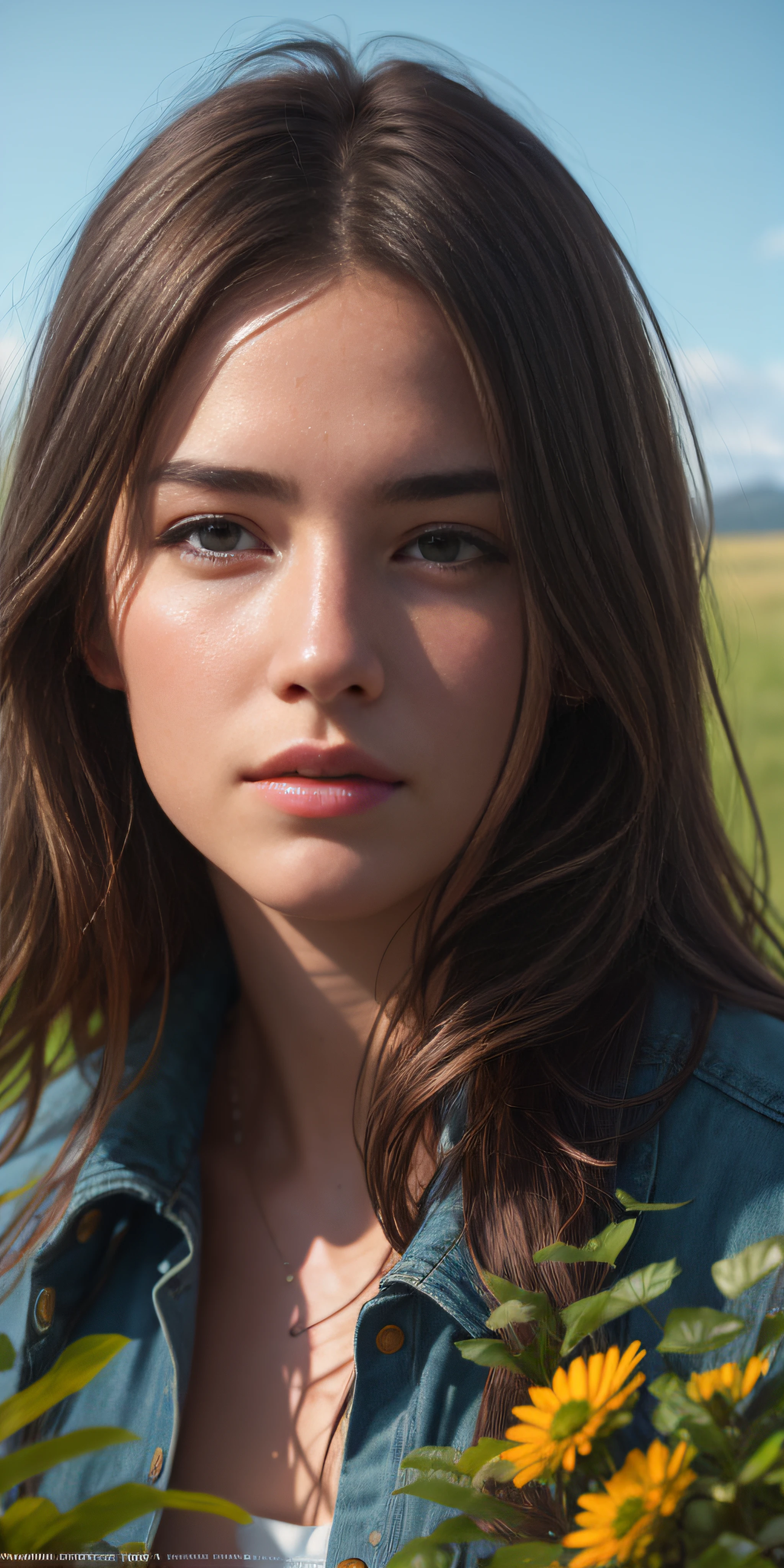 Beautiful caucasian girl, in a meadow, photo-realistic, photo, tmasterpiece, realisti, 真实感, photo realism, High contrast, Photorealistic Digital Art Trending on Artstation 8k HD Realistic High Definition Detailed, Detailed, skin texture, hyper-detalied, realistic skin texture, bronya, beste-Qualit, extra high resolution, (photo-realistic: 1.4),, hight resolution, Detailed, Raw photo, abrupt repetition, Nikon D850 film Stock photography 4 Kodak Portra 400 F1 lens.6 Rich Colors, hyper realistic texture, dramatic  lighting, UnrealEngine trend in Artstation Cinestill 800,