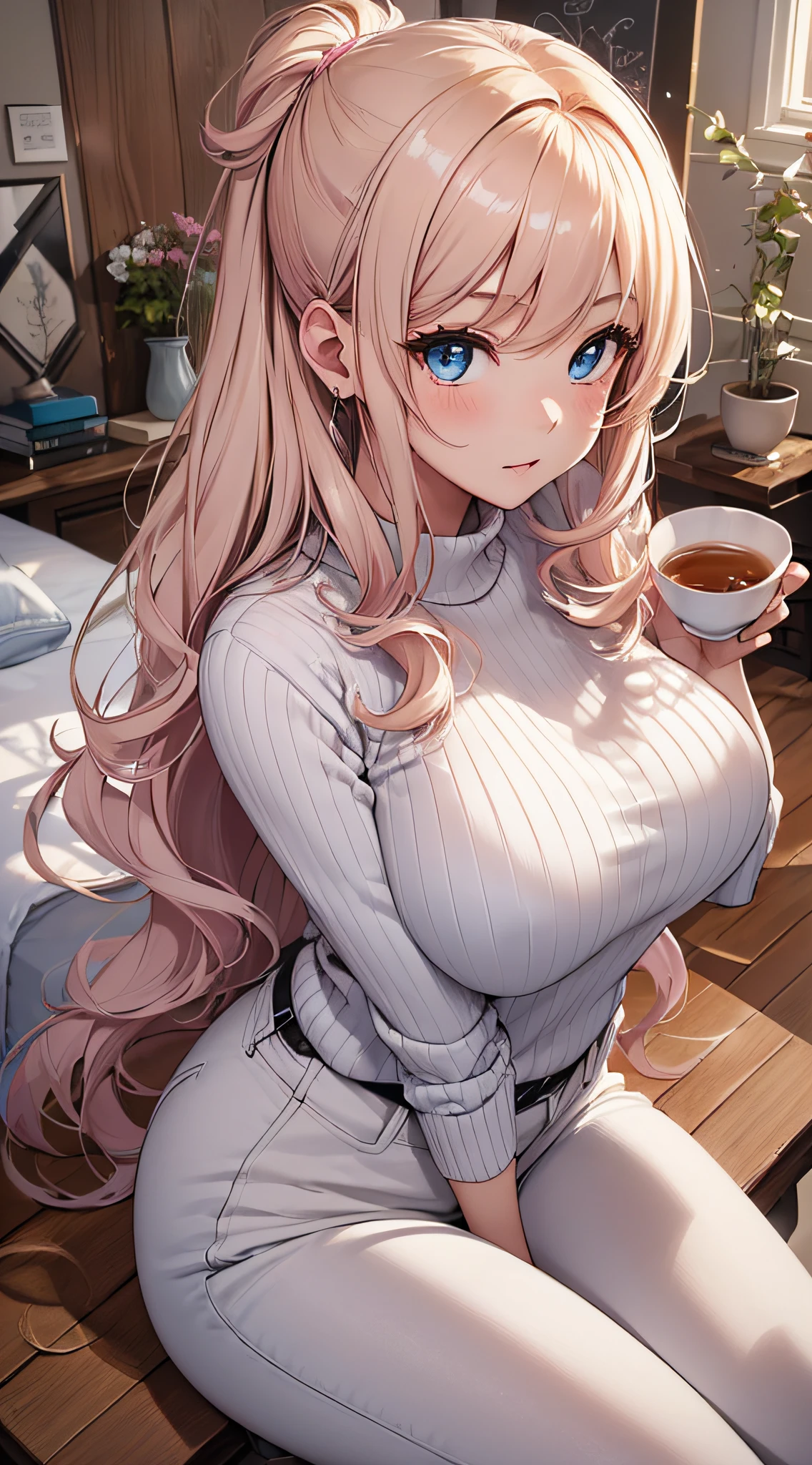 top-quality、Top image quality、​masterpiece、girl with((18year old、Best Bust、big bast,Beautiful blue eyes、Breasts wide open, a blond、A slender,Large valleys、White Sweater Clothing、White pants、hold a tea cup with both hands)）hiquality、Beautiful Art、Background with((Nice and clean room.、pink floor mat、Wooden table、Stylish bed)))、,masutepiece、visualart、depth of fields、