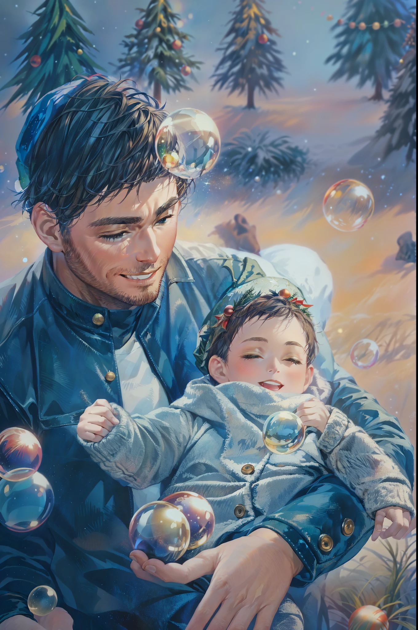 hd, (best details), (best quality), happy, masterpiece, best quality, high resolution, christmas dress up, lights, snowflakes, young people, (((Christmas hat))),araffe man holding a baby in a park with bubbles,