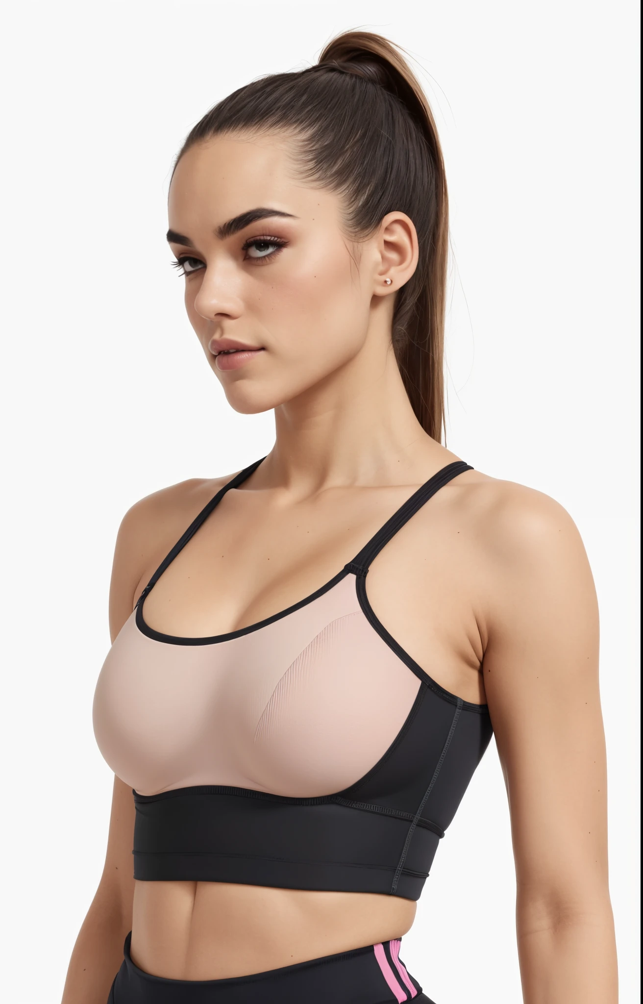 a woman in a pink and black sports bra, Esporte bom, brassier, sports bra, sport bra and shirt, Titular Top, Bralette, sport bra and shorts, Topo de colheita, detailed sports bra, Titular Top, tight push up bra, Top de cabresto rosa, luz natural suave, topo de corte, very tight small push up bra, forma tonificada, in a bra