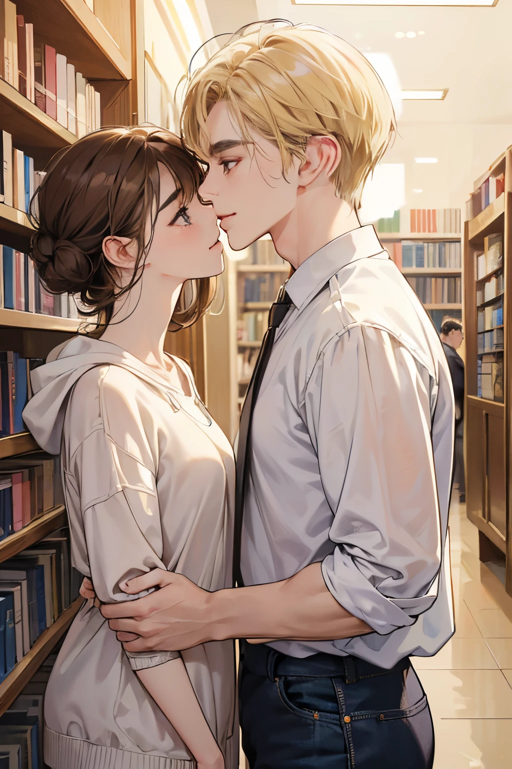 a blond、brown eyebrows、short-haired