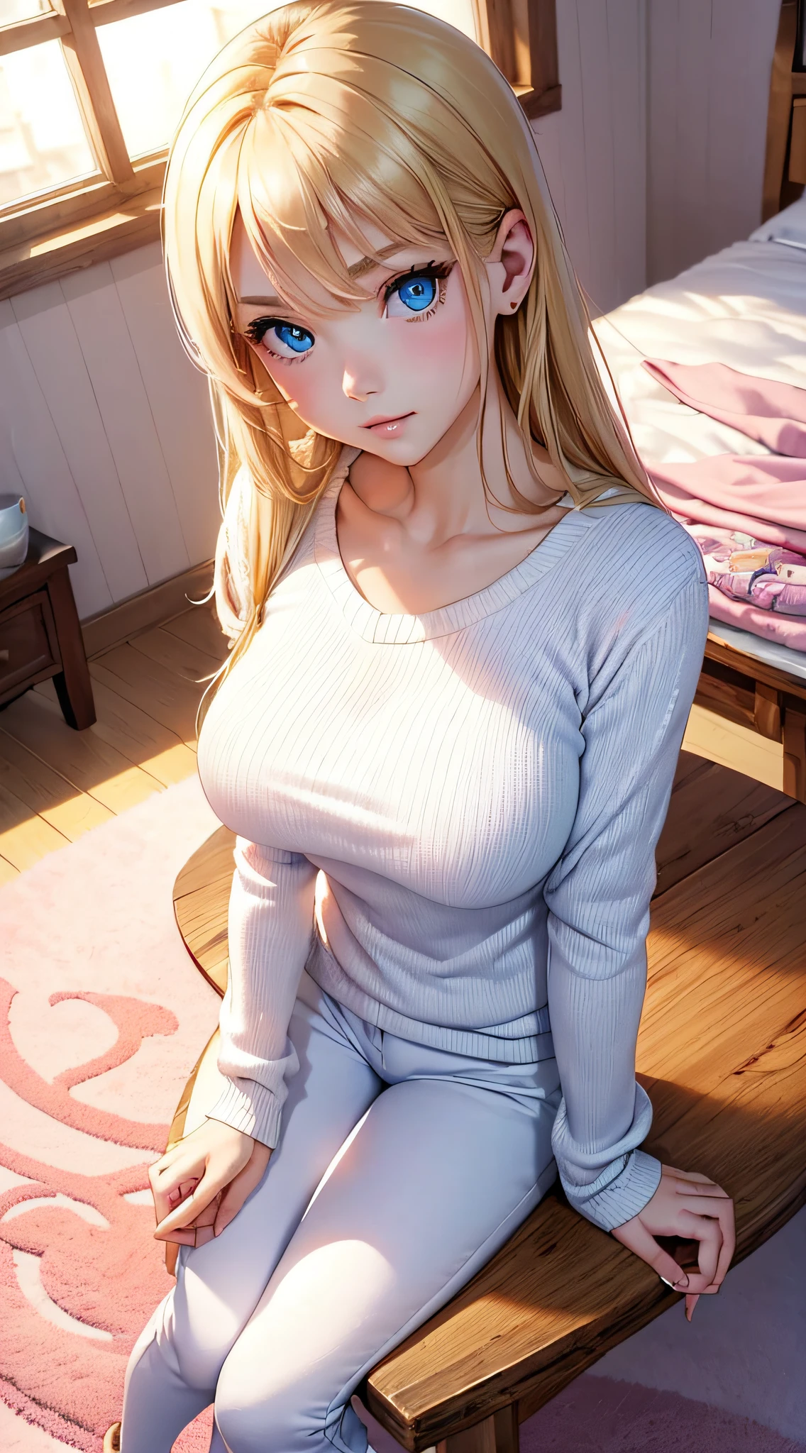 top-quality、Top image quality、​masterpiece、girl with((18year old、Best Bust、big bast,Beautiful blue eyes、Breasts wide open, a blond、A slender,Large valleys、White Sweater Clothing、White pants、hold a teacup with both hands)）hiquality、Beautiful Art、Background with((Nice and clean room.、pink floor mat、Wooden table、Stylish bed)))、,masutepiece、visualart、depth of fields、