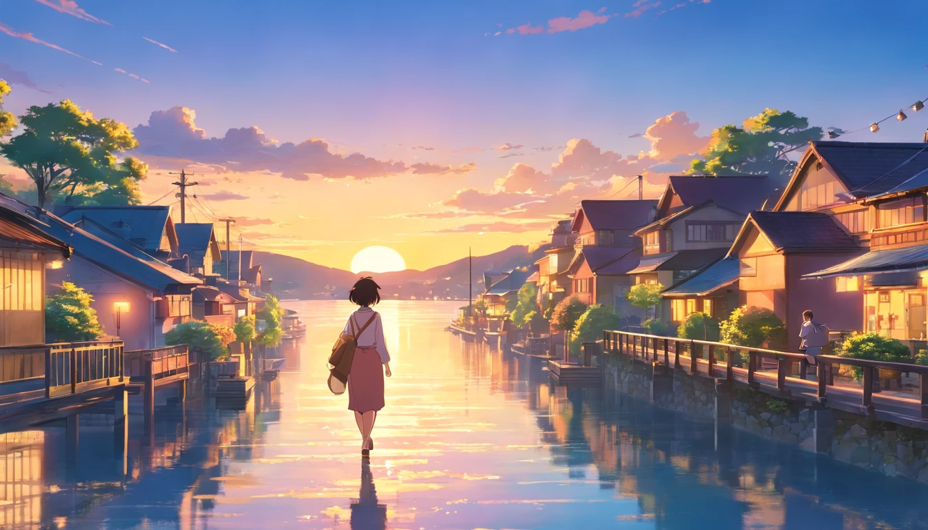 A woman in her 50s walking in a beautiful lakeside town at sunset