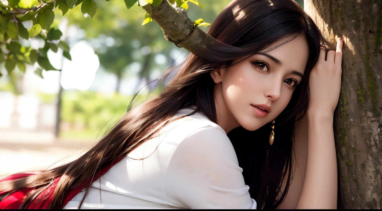 (masterpiece), best quality, expressive eyes, perfect face, Katrina Kaif smiling, wearing a white jacket, red t-shirt, under a tree in the park, standing, holding a ring,