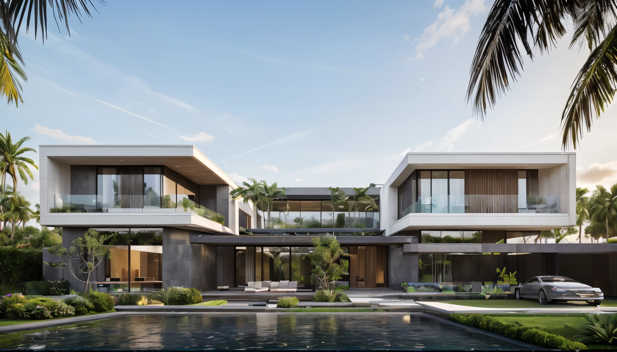 (masterpiece),(high quality), best quality, real,(realistic), super detailed,(full detail),(4k),8k,modern house exterior design,Modern architecture,rockandwood,((Red_wood)),Beautiful_sky,Day_light, no_humans, outdoors,sky,(Tropical_trees),Pool and Garden_flower_front_of_building,pool villa,