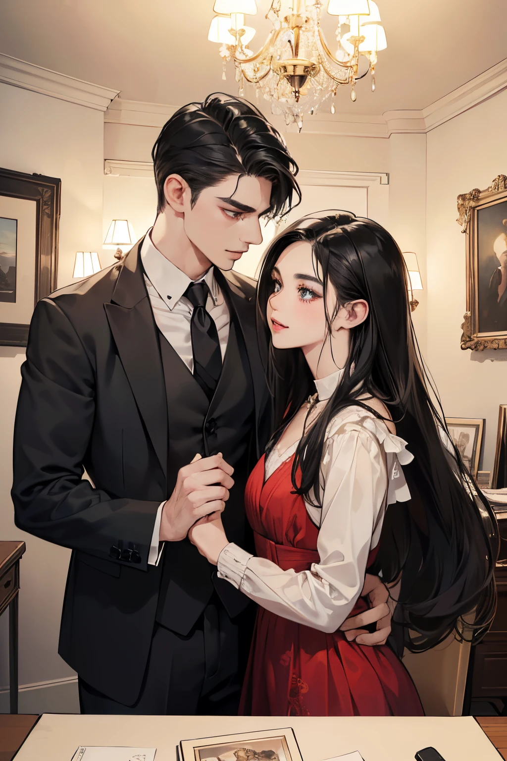 (table top, digital art, digital illustration, 4K, 8K, super detailed, beautiful images, clear image, realistic, RAW photo, perfect face, perfect lines, perfect eyes, soft lighting) 1 female, (long black hair,straight hair,Bullish gaze,beautiful woman,Solid makeup,23 year old female,small breasts:1.3),secretary, Two handsome men in suits, (human,Men in suits,muscular,Firm shoulder width,adult male,boyish hairstyle,british gentleman&#39;s style,A man in his 30s with a cool expression,28-year-old man with bright smile:1.2),Bright Western-style room、couple dancing、light、country style、k pop dance、sense of rhythm