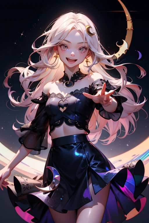 ((Best Quality, masutepiece, absurderes, Hyper-Resolution))
1girl in, Gentle, Elegant, Smiling, Open mouth, Small fangs, Small Devil, Looking at Viewer,
Let&#39;s break out&#39;dance with you, reach out to viewer, BREAK flowing sparkling hair, Jewelry Accessories, flowing translucent skirt, Off-shoulder cutout tops with lace BREAK
(detailed crescent moon:1.5), (krystal, Holographic, prisma:1.3)