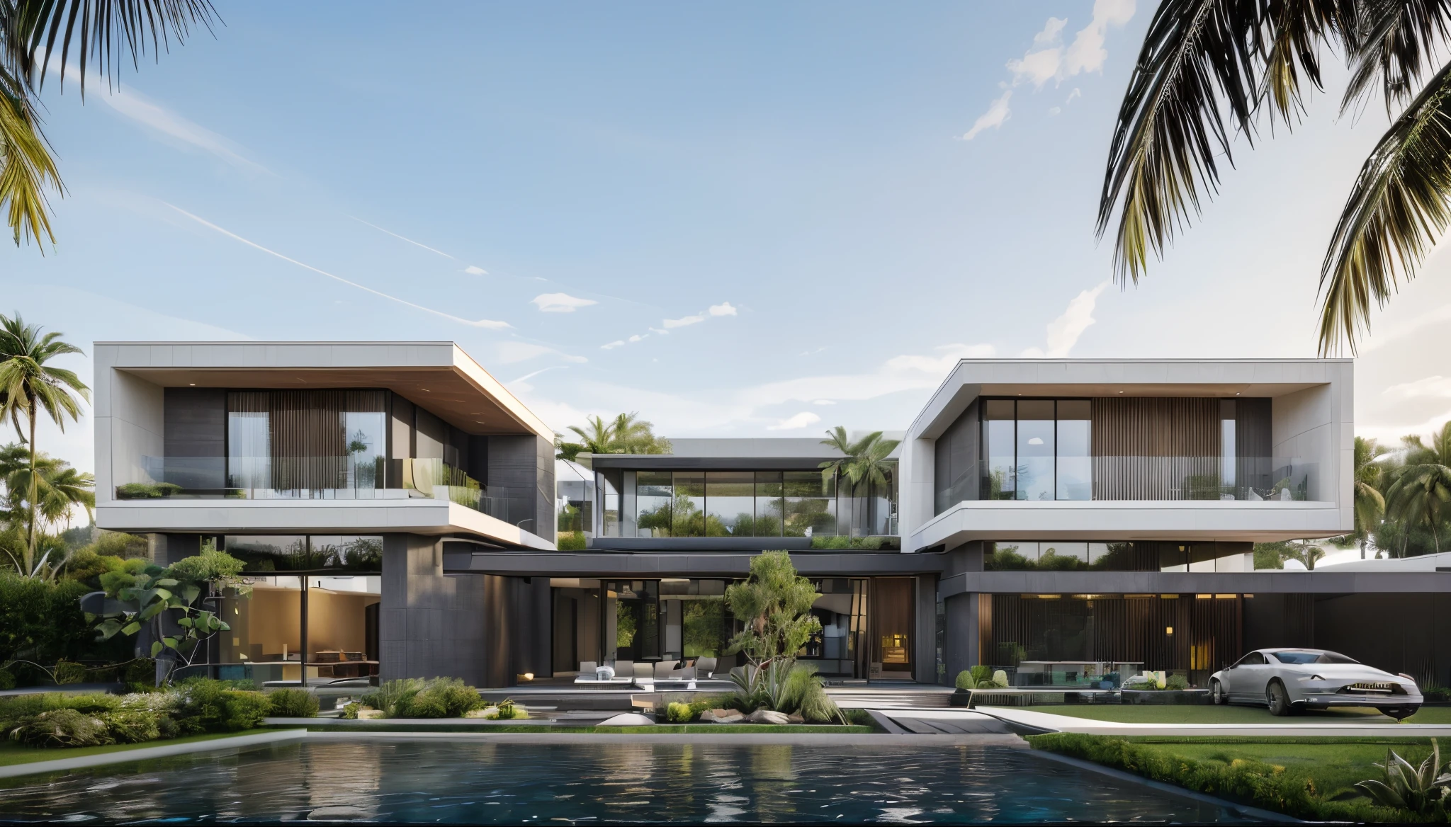 (masterpiece),(high quality), best quality, real,(realistic), super detailed,(full detail),(4k),8k,modern house exterior design,Modern architecture,rockandwood,((Red_wood)),Beautiful_sky,Day_light, no_humans, outdoors,sky,(Tropical_trees),Pool and Garden_flower_front_of_building,pool villa,