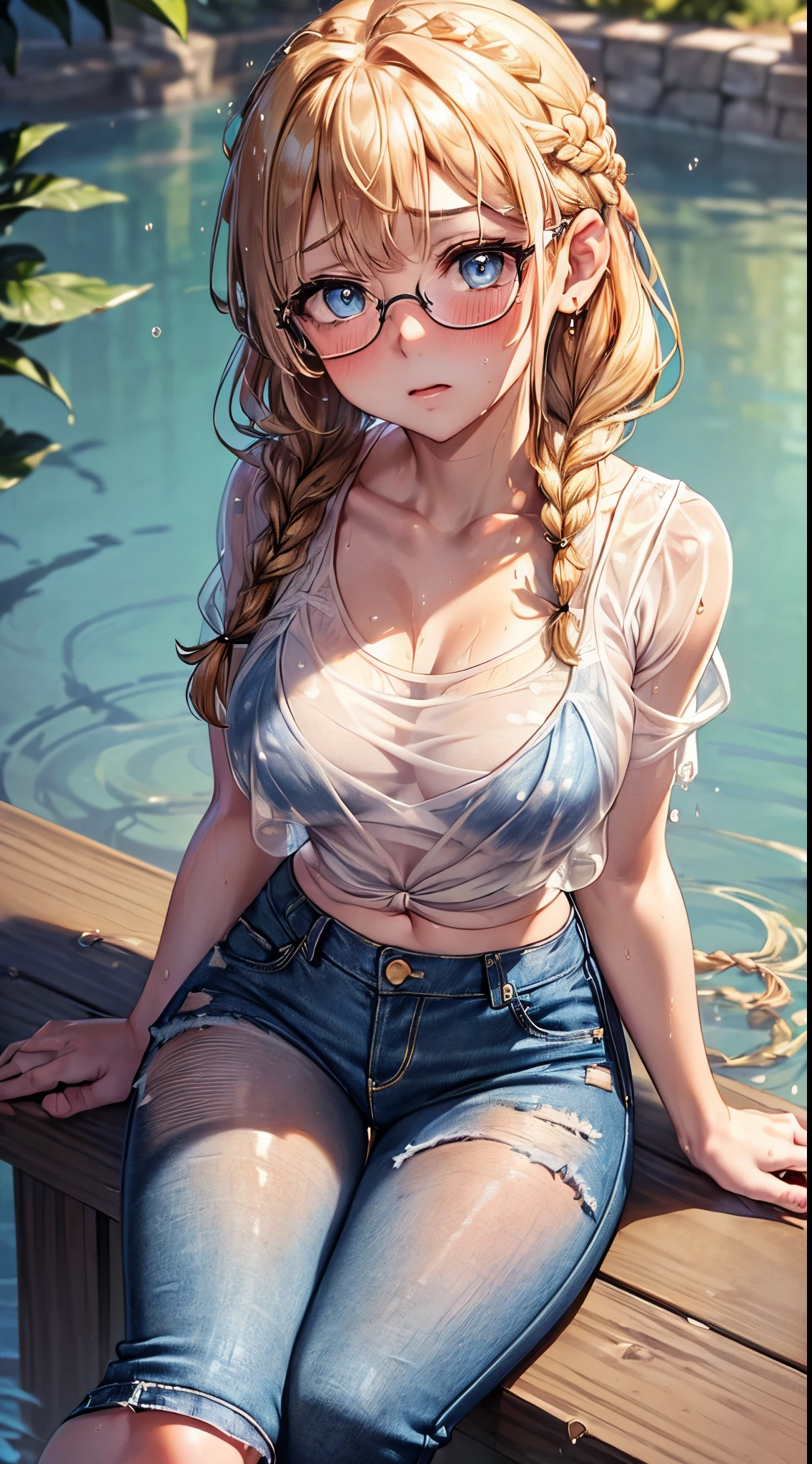 1womanl,Golden head hair, ,((Impatient expression)),Beautiful breasts,thin white tanktop,well-styled,,(Facing the front)(((Blushing cheeks、Surprised look)),(((short braid))),((( portrait from the knees up)))Frameless glasses,Blue eyes,(((Bangs are aligned)))((see -through))Sexy black bra(Wet with water),denim short pants