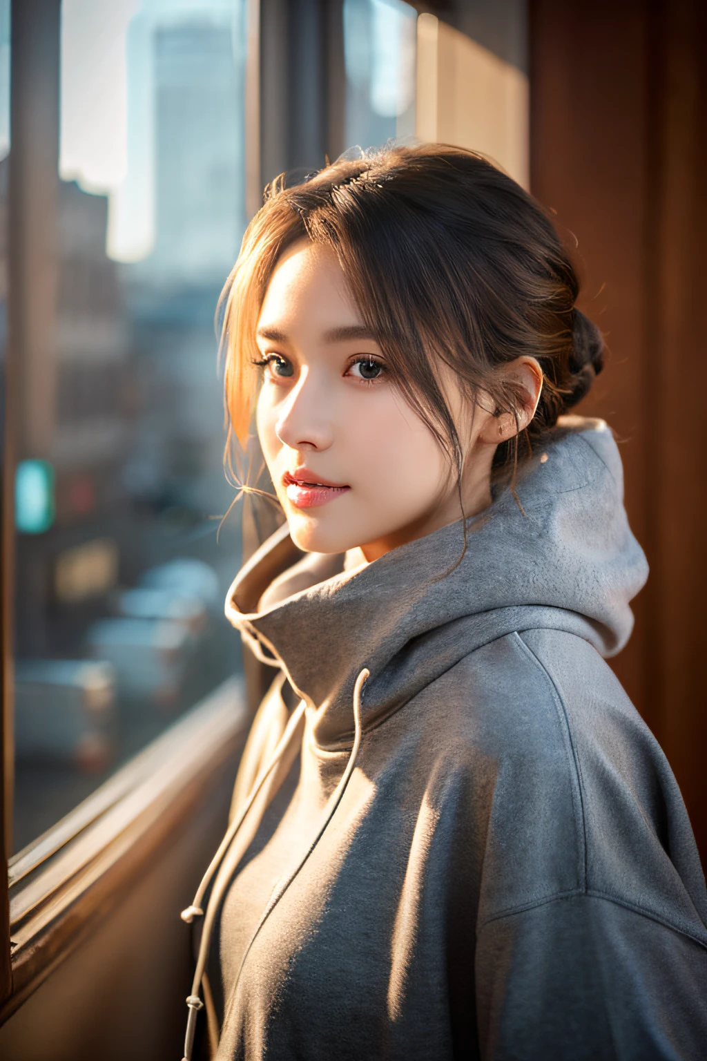 Digital artwork with very high quality 3D modeling that resembles a real human being.。The model is a young woman、Crystal clear skin、Brown eyes、high cheekbones、Has a soft look。her hair is light gray、It has a braided updo.。The reflection of light is drawn in the eyes、Exudes a lively sense of realism。The model is wearing a gray hooded sweatshirt.、In the background, you can faintly see the interior with soft light shining in.。
The texture is very precise、The texture of the skin and each fiber of the clothes are realistically reproduced.。Very skillful use of shadow and light、Highlight the model's features、Creates a three-dimensional feel。Although the overall tone of the image is warm,、Soft light and shadows are well-balanced.、Creates a quiet yet warm atmosphere。Overall、A combination of advanced 3D rendering technology and aesthetic sense、It is a highly sophisticated piece of digital art.。