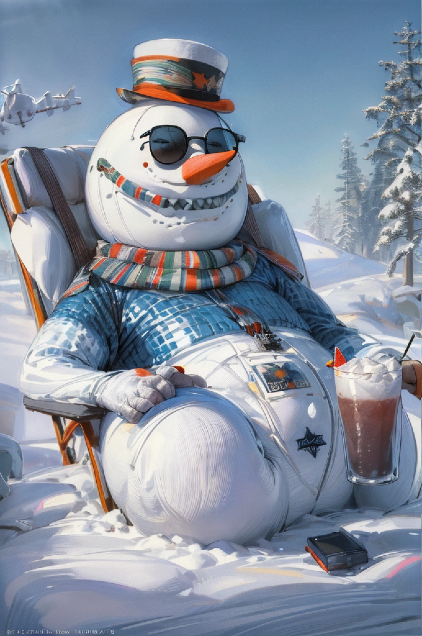 photorealism a picture of a large sized snowman (ultra detailed, Masterpiece, best quality: 1.3) , wearing  sunglasses sitting in an airplane chair drinking a cocktail, modern travel airplane bacground, best quality, 16k, [ultra detailed], masterpiece, best quality, (ultra detailed), full body, ultra wide shot, photorealistic