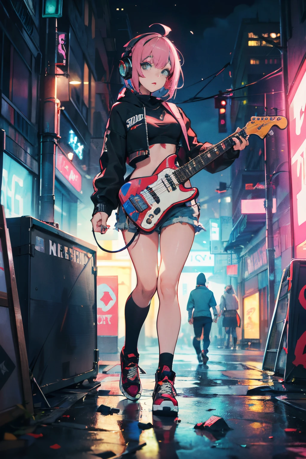 (Highest quality、8k、32K、masterpiece、Hmph:1.3)、(Photorealistic:1.4),((Shoot from the front,Looking at the audience,(whole body:1.5),)),((18-year-old punk girl,Unusual punk hair、Bright black and pink hair:1.3)),((Pink and black punk fashion、Flared mini skirt、Micro Bikini:1.5))、((He is holding a pink electric guitar in his right hand..:1.5)、Clothes with studs、Stuffed rabbit、Back backpack、Wacky makeup、A desolate town soaked in rain,Puddles on the road、(Cinema Lighting)、Written boundary depth,Blurred Background、