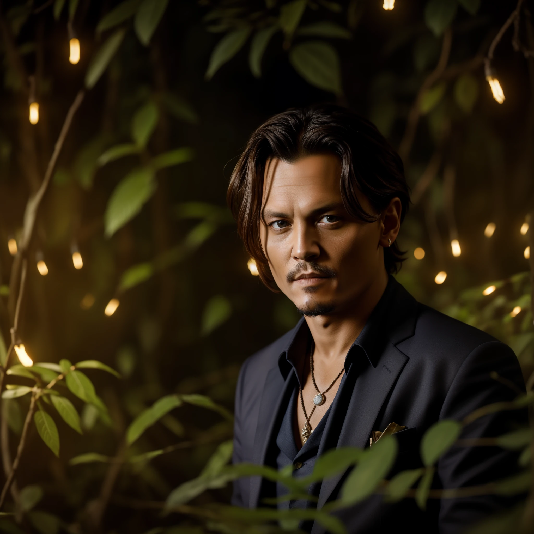 Masterpiece, Johnny Depp Walks Through the Jungle (Night of Fireflies), (High Detail: 1 1), Rough Face, Natural Skin, High Quality, NSFW, Beautiful Eyes, (Detailed Face and Eyes), (Face :1 2), noise, extra, real photo, PSD, light film photography, sharp focus, contrast lighting, detailed skin, high resolution 8k, crazy detail, realistic, professional photography, 8k UHD, DSLR, soft light , high quality, film grain, Fujifilm XT3