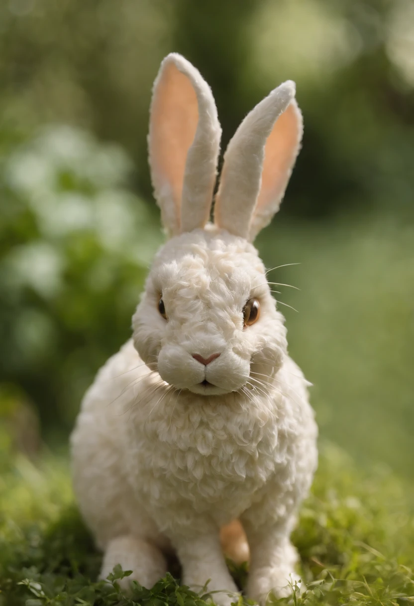 The image shows a unique piece of rabbit-inspired artwork, a whimsical sculpture made entirely out of recycled rabbit fur.,original,I love rabbit.
