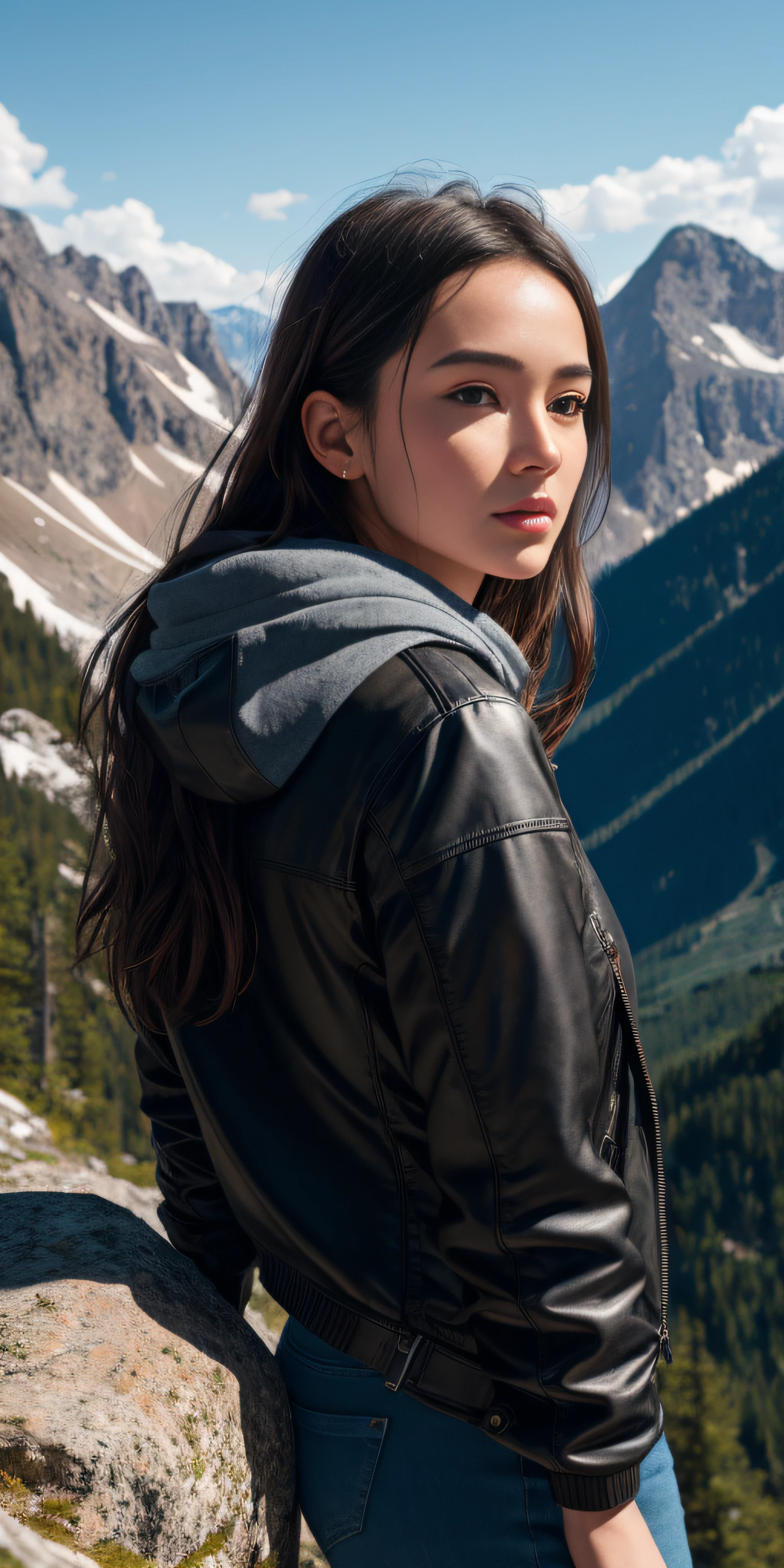 Beautiful European girl, in the mountains, photo-realistic, photo, tmasterpiece, realisti, 真实感, photo realism, High contrast, photorealistic digital art. Тренды Artstation 8k HD. Realistic detail in high resolution., Detailed, skin texture, hyper-detalied, realistic skin texture, bronya, beste-Qualit, extra high resolution, (photo-realistic: 1.4),, hight resolution, Detailed, RAW photo, abrupt repetition, Nikon D850 Camera Roll. 4 Kodak Portra 400 F1 lens..6 Rich colors, hyper realistic texture, dramatic lighting, UnrealEngine trend in Artstation Cinestill 800,