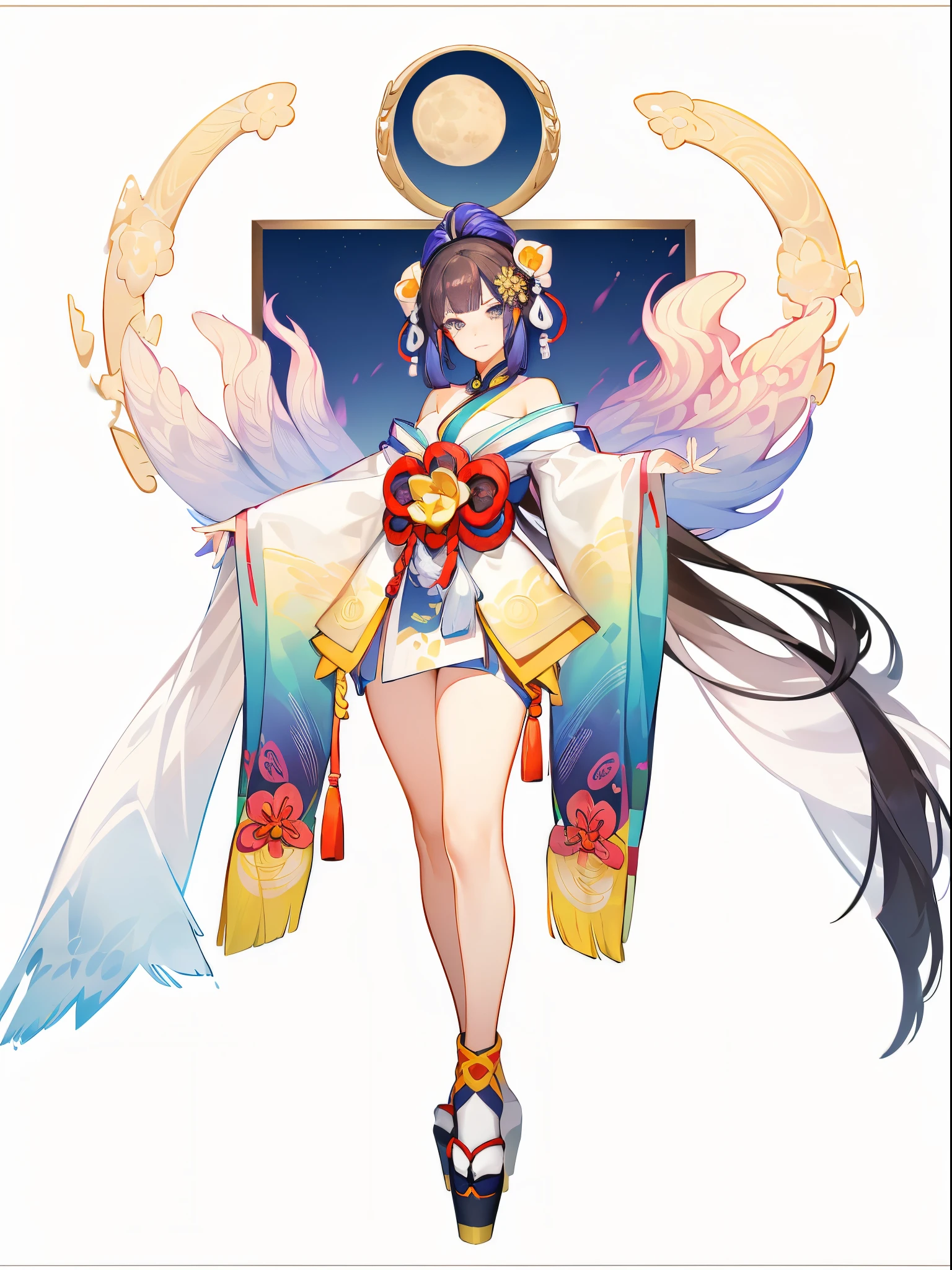 (1girll), (独奏), Full body standing painting, Clear facial features, (hair adornments,Bow knot,lunar goddess), Clean line design, (( Ukiyo-style, character design)), Zephyr elements, onmyoji detailed art, Standing figure of the figure, (flatcolors), tmasterpiece,top-quality,Best quality at best,超高分辨率, ((Clear facial features,beautidful eyes,beauitful face, exquisite facial features))