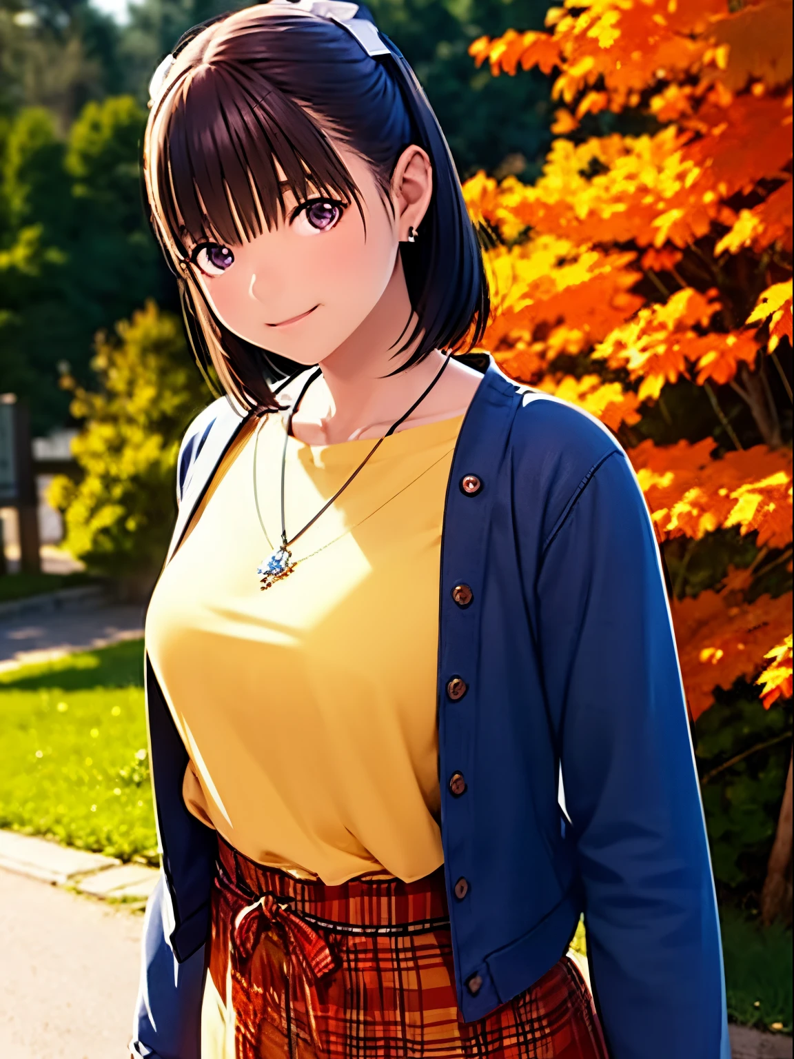 hight resolution,8K,Best Quality,detaileds,semi - realistic anime,Anime 3D Style,Smooth Anime CG,1 girl in,20 year old woman in Japan,slim,modeled,shiny chestnut hair,Medium Hair,Detailed face,Beautiful and detailed eyes,Glowing skin,(layered clothes,Autumn and winter clothes),earring beautiful,a necklace,Winter in Japan,dead wood,leaves falling,Hard Focus、film grains,Soft lighting,the wind,looking at the viewers,A smile,