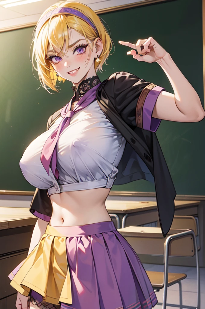 "(masterpiece:1.1), best quality, (NSFW:1.1),
1girl, gyaru, (80s anime style:1.3), (eyelashes:1.5),
(intricate high detailed body:1.2),
yellow hair,
(forehead:1.1), (very short hair, pixie cut:1.1),
purple eyes,
(gigantic breasts:1.3),
(angry, smile:1.2), (blush:1.1),
(school uniform, skirt, midriff peek:1.1),
fishnet tights, jewelry, earrings, headband,
standing,
upper body,
(classroom:1.2)"