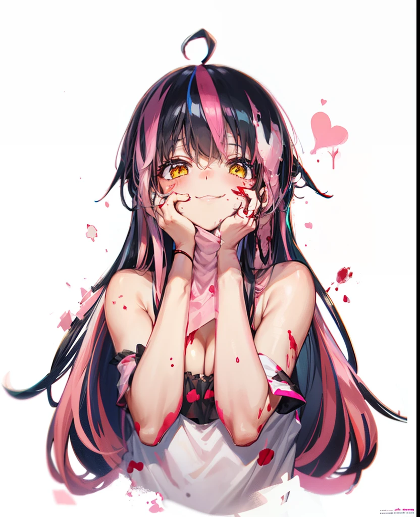 blush, cleavage,,glowing aura, natural light, masterpiece,  glossy skin, juicy lips ,long hair, cute, kawaii, adorable, reaching up, adult, cuddle, kawaii clothes,random hair style, random clothes, black hair, (((pink streaks in hair))), yellow eyes, blood, knife, yandere, smile, bandages on Amazon plasters on body, plaster on face, blood on clothes, blood on body, hands on face