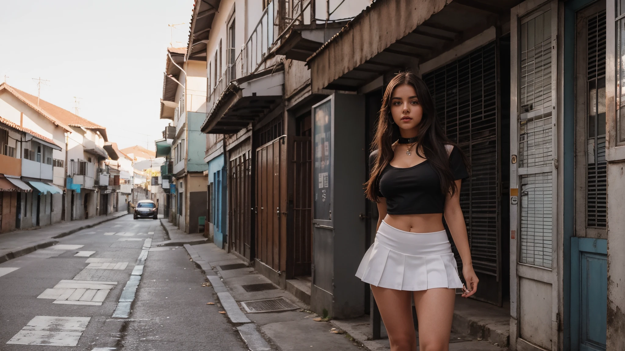schoolgirl, menina bonita, 19 anos, loira platinada, nsfw, muito bonita, athletic, cabelos loiros, olhos azuis, red-lips, franja, usando uniforme escolar, saia plissada cinza clara muito curta, pernas grossas, pernas bonitas, cintura estreita, meias brancas de coxa saia plissada curta, cinza clara, mini-skirt, camisa branca de manga comprida, seios pequenos, mamilos rosados, porcelain skin, The girl is wearing a black leather choker, the girl is wearing a school uniform, meias brancas de coxa The girl is standing on a street in a cyberpunk city, the girl walks towards the camera, sob o sol do meio dia, the girl is wearing light fabric clothes. Foto de corpo inteiro, standing girl