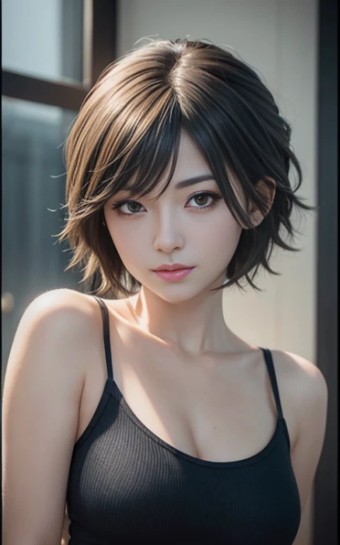real Life adaption of this character,her name is Ts kiyara from anime ,hyper realistic , short hair, very realistic detailed hair, high resolution, photorealistic,very detailed,very realistic outfit, Japanese face,detailed shining eyes, calm expression,realism,