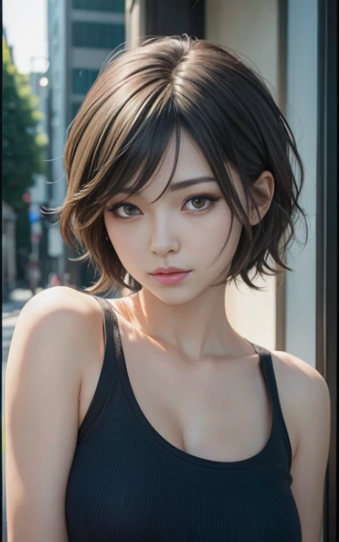 real Life adaption of this character,her name is Ts kiyara from anime ,hyper realistic , short hair, very realistic detailed hair, high resolution, photorealistic,very detailed,very realistic outfit, Japanese face,detailed shining eyes, calm expression,realism,