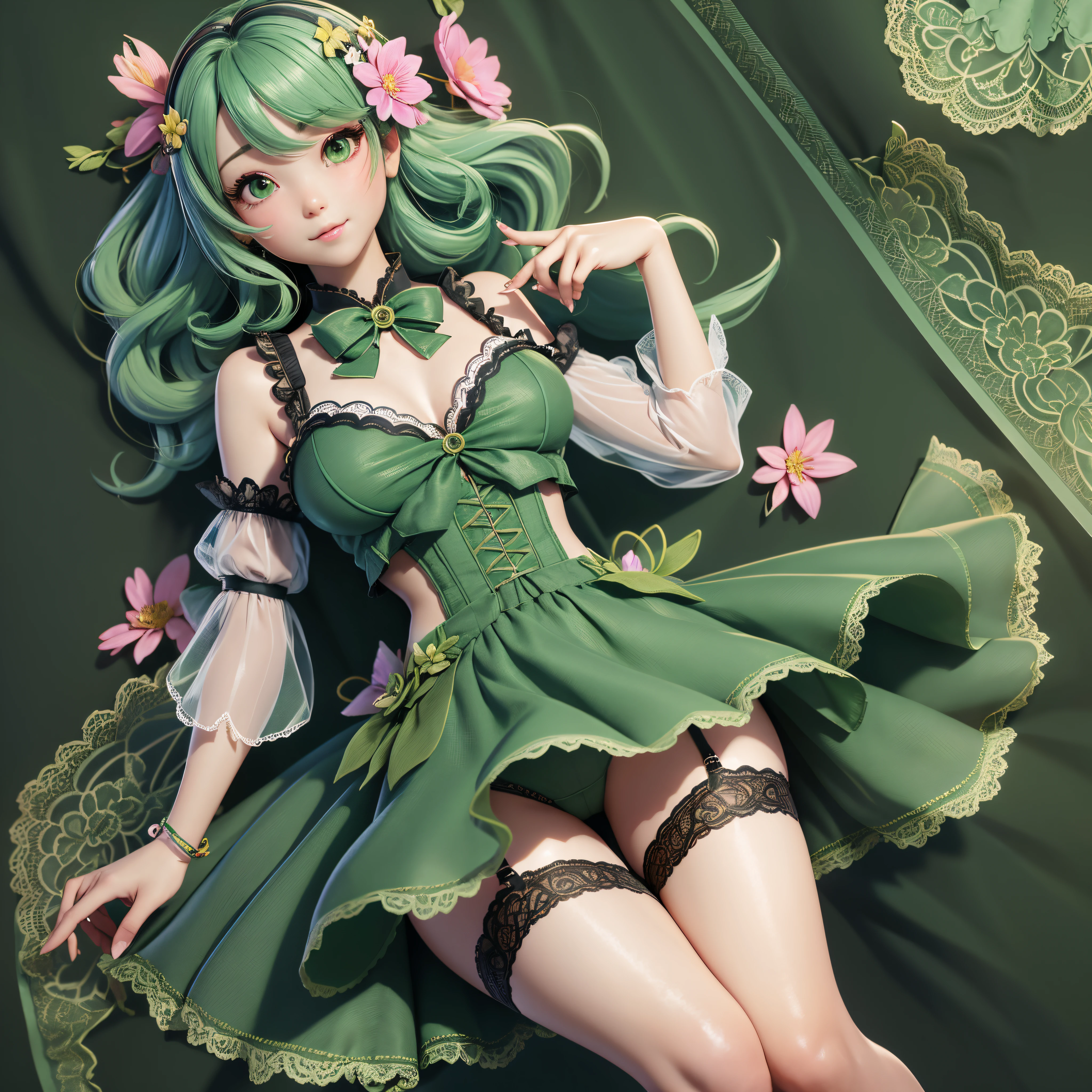 3DMM Style, (masutepiece, Best Quality), Intricate details, 1girl in, Solo, Green hair, flower hair clip, Green dress, Looking at Viewer、Full-body figure、simple background、(skirt rift)、(Skirt lift in high winds)、(Lace pantie)、crisp lace panties、(I can see my panties)、((The pants are quite transparent))、((Through the pantiesオマンコ))、Very realistic body、(extremely lifelikeオマンコ)、 Through clothes