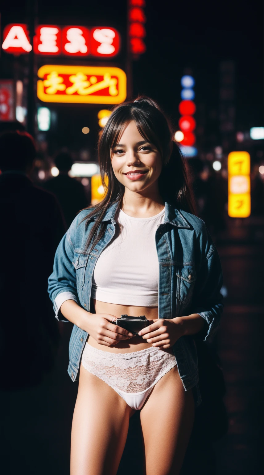 Generate a realistic image of Jortega as a 20-year-old American woman in a Tokyo street at night. Envision her in a slim physique, wearing white panties, a white shirt, and a tie with a ponytail. Capture her friendly smile as she blends into the crowd surrounded by neon signs, creating a captivating scene in the dark-themed Tokyo street.
Employ analog-style photography techniques to mimic a Polaroid shot or vintage 1980s film style. Ensure that the overall imagery is realistic and free from explicit or inappropriate details.
The result should be a genuine portrayal of Jortega in a night street scene, adhering to the specified age and clothing details, while maintaining an appropriate and non-explicit representation.