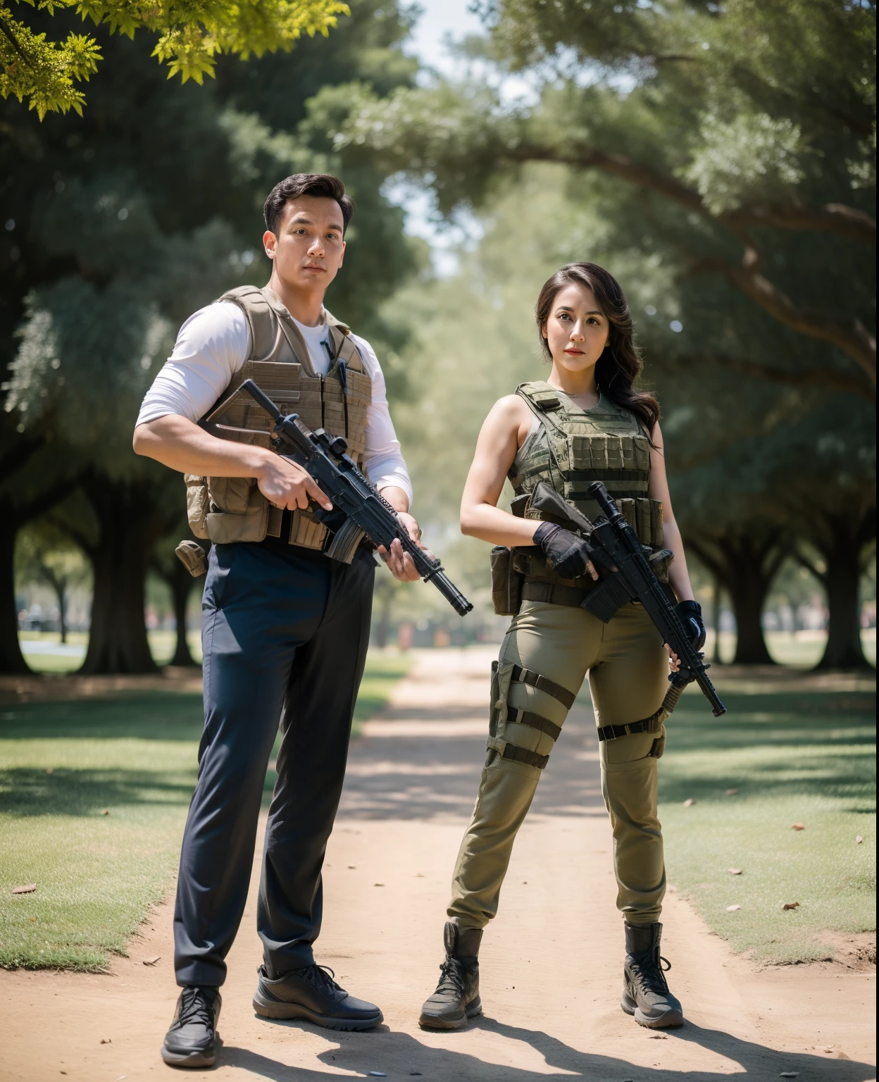 Boy and girl running the jungle hand with gun
