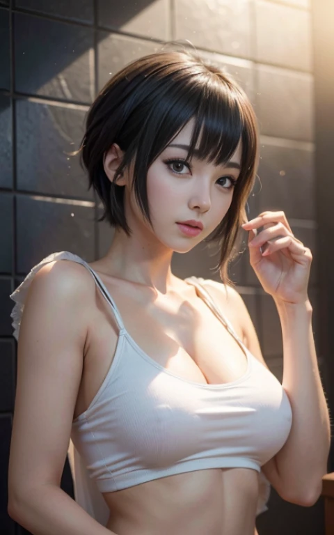real Life adaption of this character,her name is Ts kiyara from anime ,hyper realistic , short hair, very realistic detailed hair, high resolution, photorealistic,very detailed,very realistic outfit, Japanese face,detailed shining eyes, calm expression,realism,