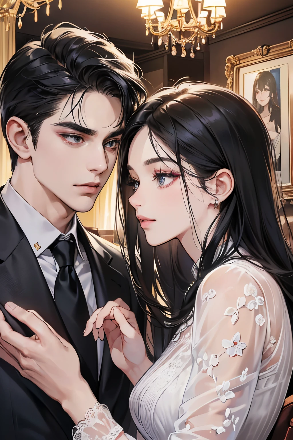 (table top, digital art, digital illustration, 4k, 8k, Superb details, beautiful picture, clear picture, realistic, raw photos, perfect face, perfect lines, perfect eyes, soft lighting) 1 female, (long black hair,straight hair,Bullish stare,beautiful woman,Hard makeup,Female, 23 years old,big breasts:1.7),secretary, Two handsome men in suits, (human,man in suit,stalwart,broad, stable shoulders,adult male,children's hairstyles,English gentleman'style,A man in his 30s with a cool demeanor,A 28-year-old man smiles brightly.:1.2),ห้องพักstyleตะวันตกที่สว่างสดใส、couple dancing、light、styleคันทรี่、kpop dance、ความรู้สึกของจังหวะ เสื้อผ้าVictoriaน, luxurious, Victoria, Victorian era