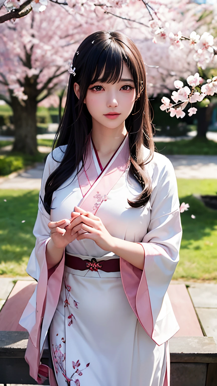 (A logo、masterpiece、8K、masutepiece、Raw photo、Fantastic、Best Quality、Photorealistic、extremely detailed CG unified 8k wallpaper、hightquality、ighly detailed、epic poem、Particle effect、Dynamic effects、depth of fields、Cinematic Light、Lens Flare、Ray tracing)、Fantasia、 (1 beautiful woman in a white coat、robe blanche、Japanese dress、White cherry blossom pattern、A dark-haired、Beautiful face、Real Face、Beautiful detail eyes、Beautiful skin)、Hair flutters in the wind、Hair jumps、Pink cherry blossom tree、Petals flutter、Sakura blizzard、Superb view、morning glow、Sun in the background、the wind、Deities、tusk、myth、Vast Land、