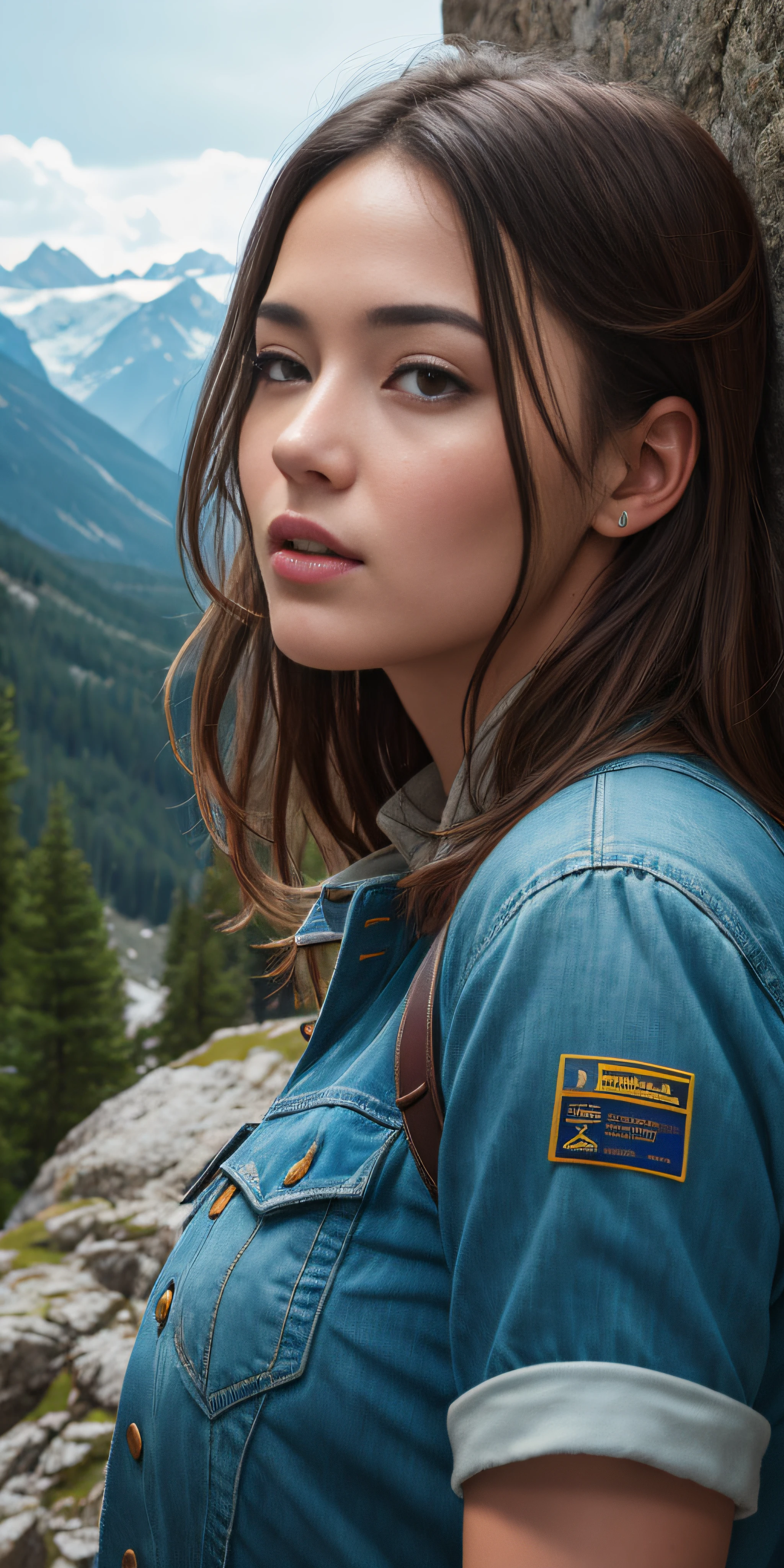 Beautiful European girl, in the mountains, photo-realistic, photo, tmasterpiece, realisti, 真实感, photo realism, High contrast, photorealistic digital art. Тренды Artstation 8k HD. Realistic detail in high resolution., Detailed, skin texture, hyper-detalied, realistic skin texture, beste-Qualit, extra high resolution, (photo-realistic: 1.4),, hight resolution, Detailed, RAW photo, abrupt repetition, Nikon D850 Camera Roll. 4 Kodak Portra 400 F1 lens..6 Rich colors, hyper realistic texture, dramatic  lighting, UnrealEngine trend in Artstation Cinestill 800,