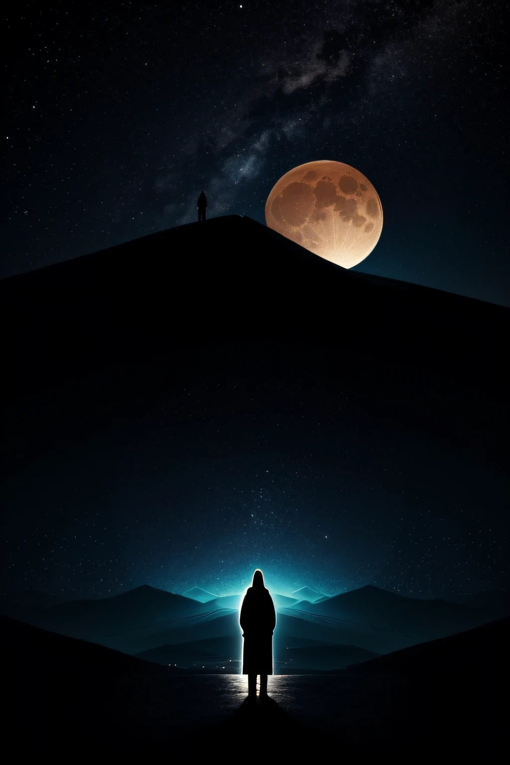 Paisagem surreal com um brilho lunar, featuring a hooded silhouette with faceless features. The silhouette is highlighted with glyphs and bright symbols, enfatizado pelo grande capuz e longas garras do personagem.