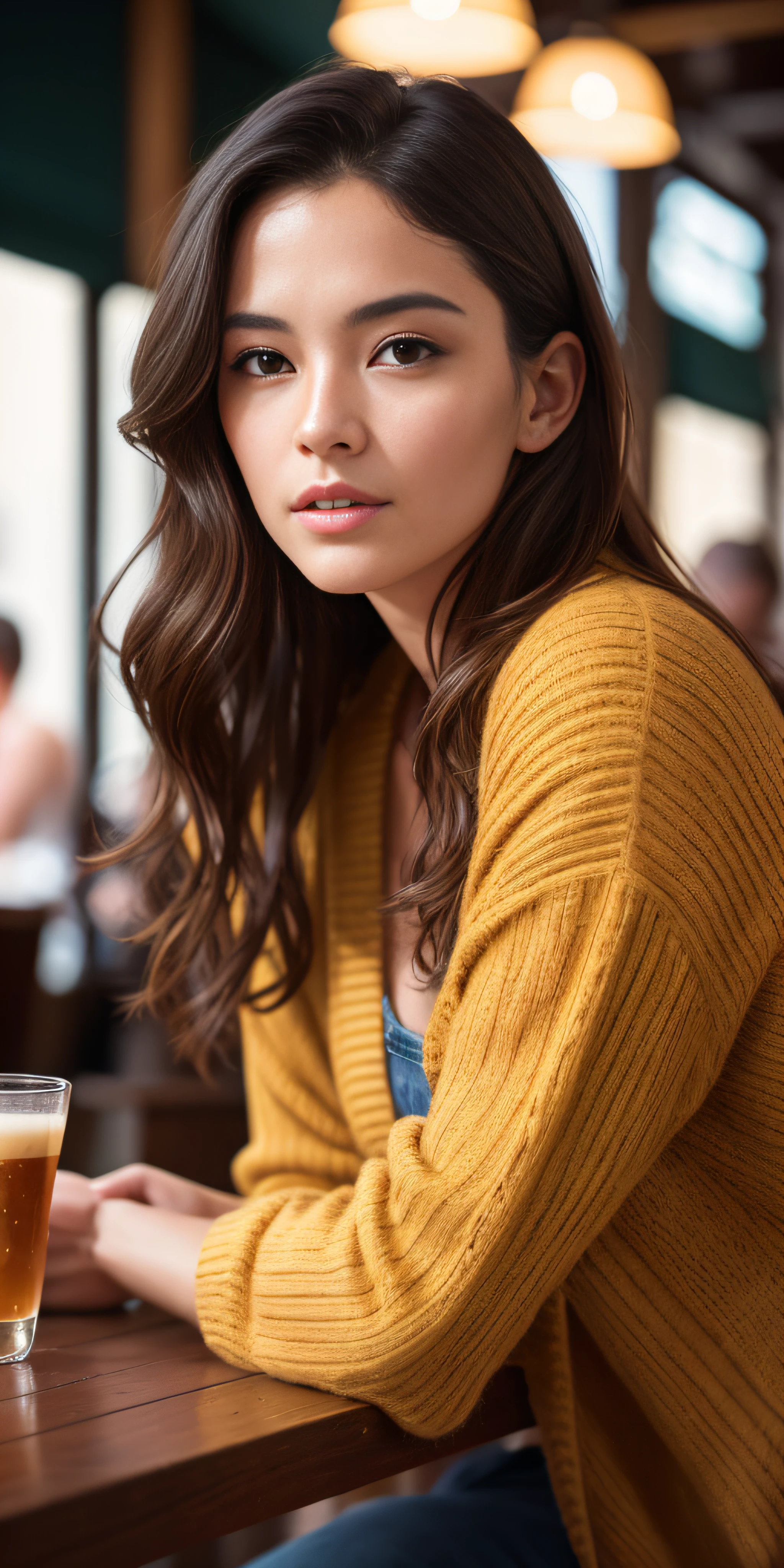 Beautiful European girl, in a cafe, photo-realistic, photo, tmasterpiece, realisti, 真实感, photo realism, High contrast, photorealistic digital art. Тренды Artstation 8k HD. Realistic detail in high resolution., Detailed, skin texture, hyper-detalied, realistic skin texture, beste-Qualit, extra high resolution, (photo-realistic: 1.4),, hight resolution, Detailed, RAW photo, abrupt repetition, Nikon D850 Camera Roll. 4 Kodak Portra 400 F1 lens..6 Rich colors, hyper realistic texture, dramatic lighting, UnrealEngine trend in Artstation Cinestill 800,