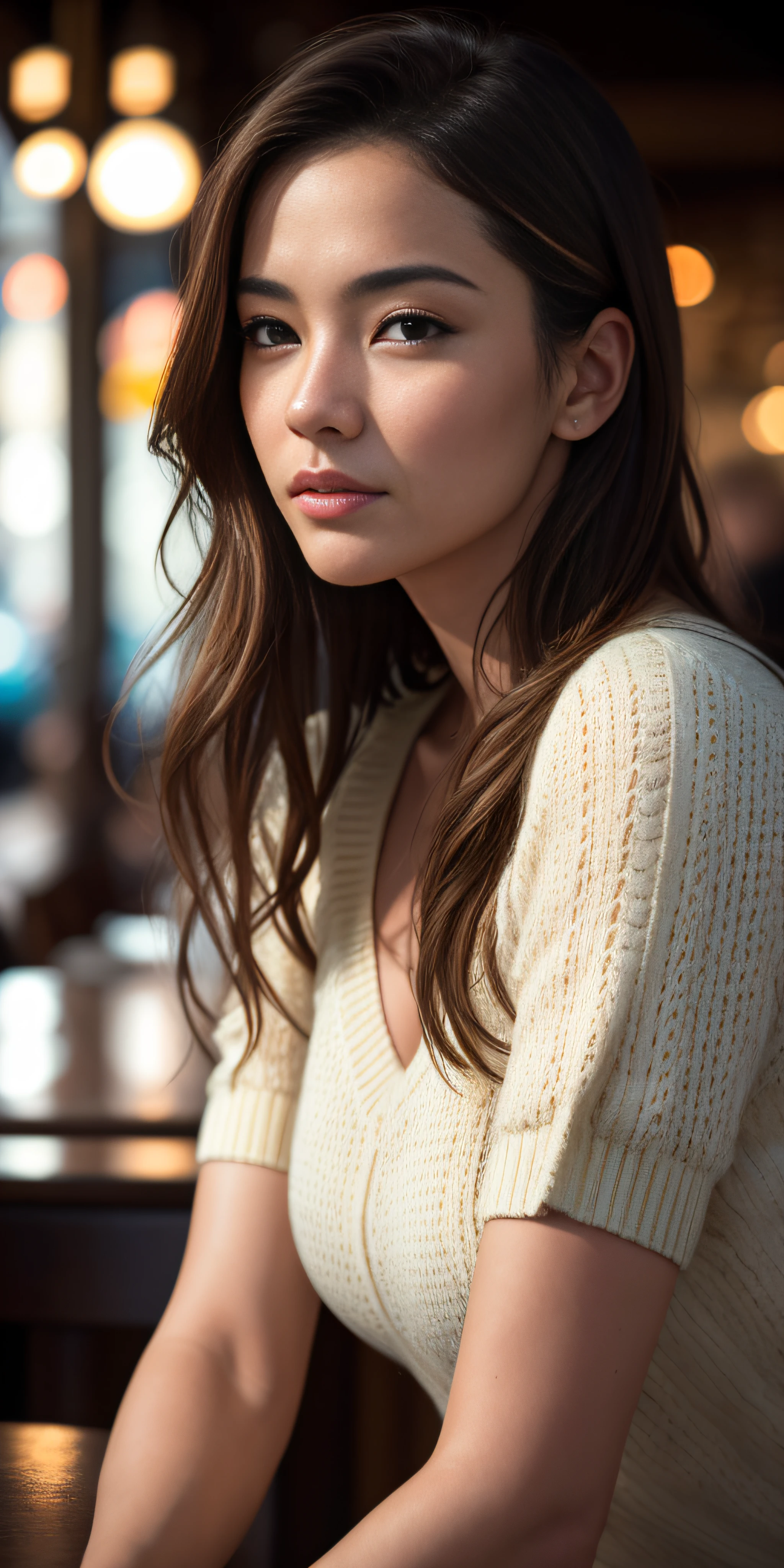 Beautiful European girl, in a cafe, photo-realistic, photo, tmasterpiece, realisti, 真实感, photo realism, High contrast, photorealistic digital art. Тренды Artstation 8k HD. Realistic detail in high resolution., Detailed, skin texture, hyper-detalied, realistic skin texture, beste-Qualit, extra high resolution, (photo-realistic: 1.4),, hight resolution, Detailed, RAW photo, abrupt repetition, Nikon D850 Camera Roll. 4 Kodak Portra 400 F1 lens..6 Rich colors, hyper realistic texture, dramatic lighting, UnrealEngine trend in Artstation Cinestill 800,