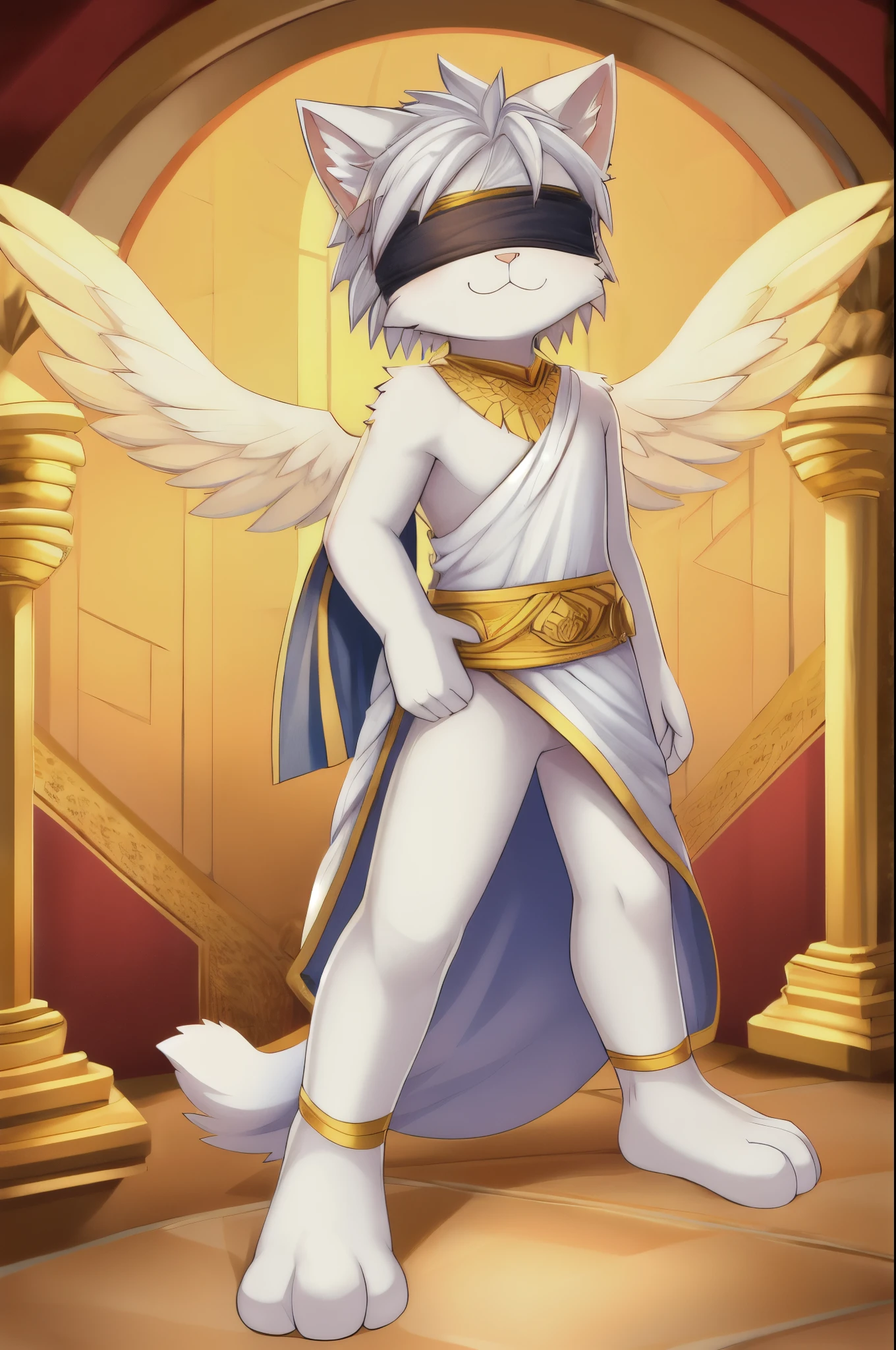 Furry boy, cat, white body fur, spiky hairstyle, silver hair, blindfolded, body bandages, white ancient greek toga, bare shoulder, golden pattern, open clothes, white angel wings, angel, full body, feets whit three toes, :3, detailed body fur, detailed body, detailed face, glistering body, shiny body, clear sky, golden palace, gorgeous body, masterpiece, high quality, standing,