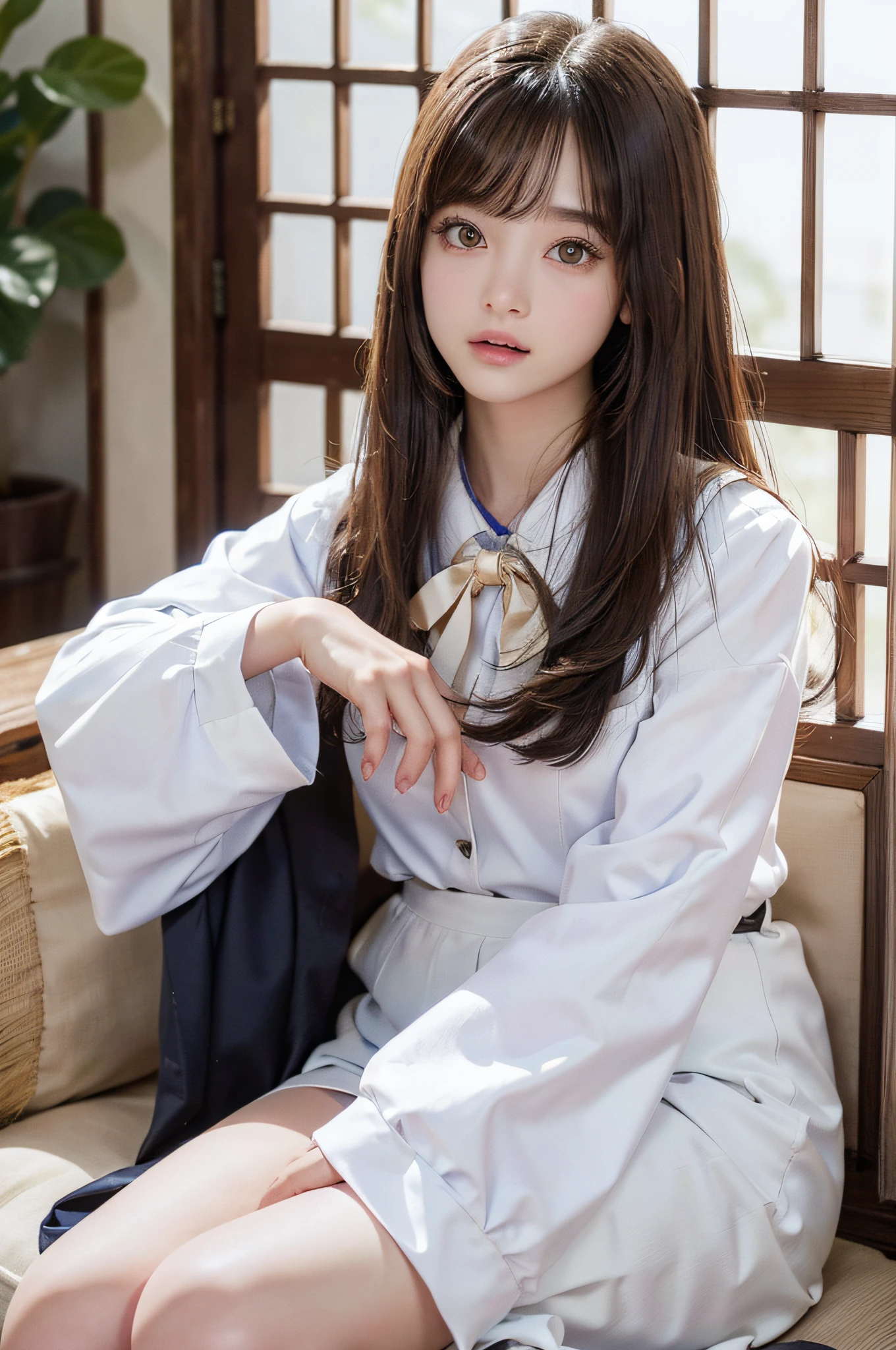 (Raw photo:1.2), (Photottorial,:1.4), a beautiful detailed girl, extremely detailed eye and face, beatiful detailed eyes, Ridiculous, unbelievable Ridiculous, huge filesize, ultra-detailliert, hight resolution, ighly detailed, best qualtiy, masuter piece, , Kemomimi, ((Japan Girls' High School Uniform)),, ighly detailed, UHQ, unification, 8k wallpaper, magnifica, finely detail, masuter piece,, best qualtiy, Highly detailed UHQ uniform 8k wallpaper, Light on the face、电影灯光、16yo girl、((dynamicposes))、(half)、(panthyhose、、、、)、(Sit on your legs with your knees bent))、shorth hair、long neck、Put your ears out、bangss、big eye、Lashes、cute little、a very cute
