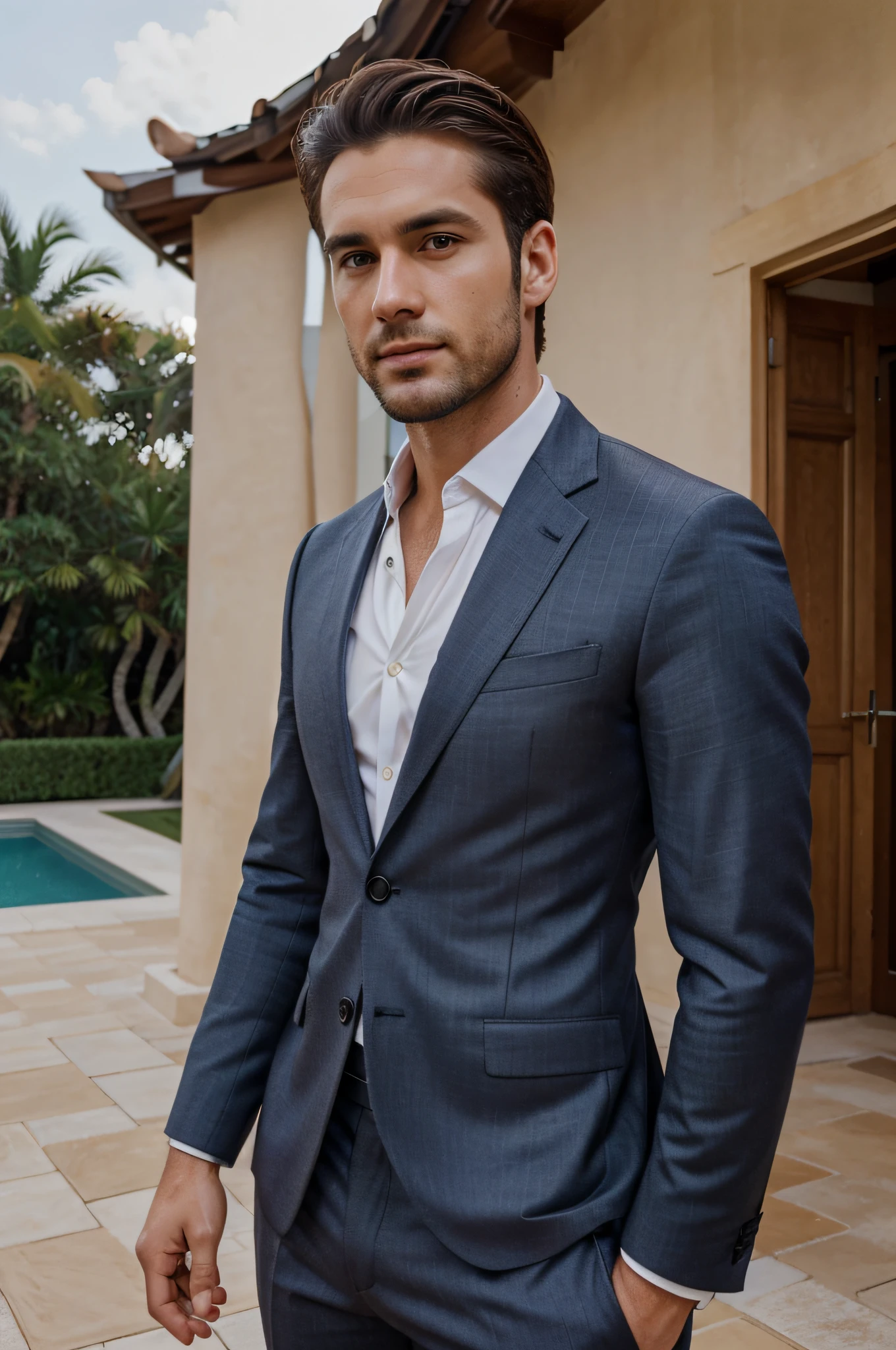 attractive 30 year old man in Hugo boss business suit , Belle barbe , Executive Sexy Man, Terno donc, Front camera focus, mode portrait, perfectly straight in front of the camera, photo in the villa