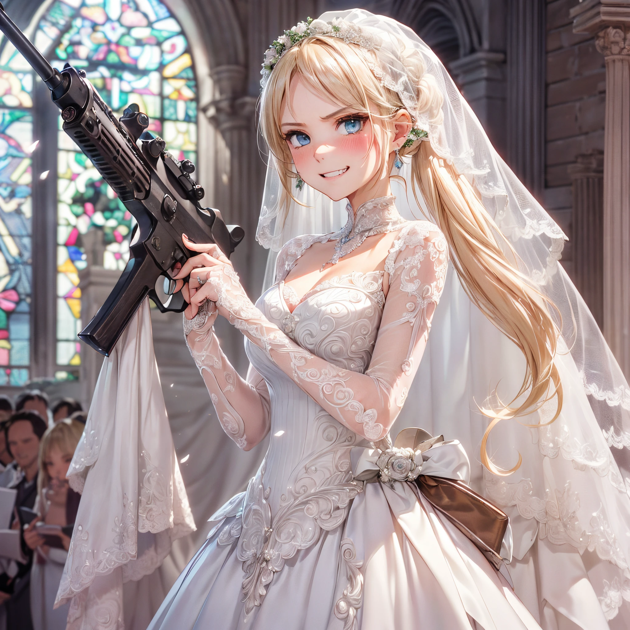 absurderes, (独奏:1.5,)ultra-detailliert,bright colour, extremely beautiful detailed anime face and eyes,(Pointing the rifle,Muzzle Forward:1.5), (Hold the gun with the muzzle facing forward:1.5), (Domed church),(Very large and shining stained glass:),asymmetrical bangs, (Blonde hair with short twin tails:1.3), Shiny hair, Delicate beautiful face, red blush、(Blue eyes), White skin, earrings,(Angry smile:1.4),beautiful and delicate eyes,Cute Girly,Perfect slim body,(L'Atelier Mariage Wedding Dress:1.5),(wedding veil:1.3),