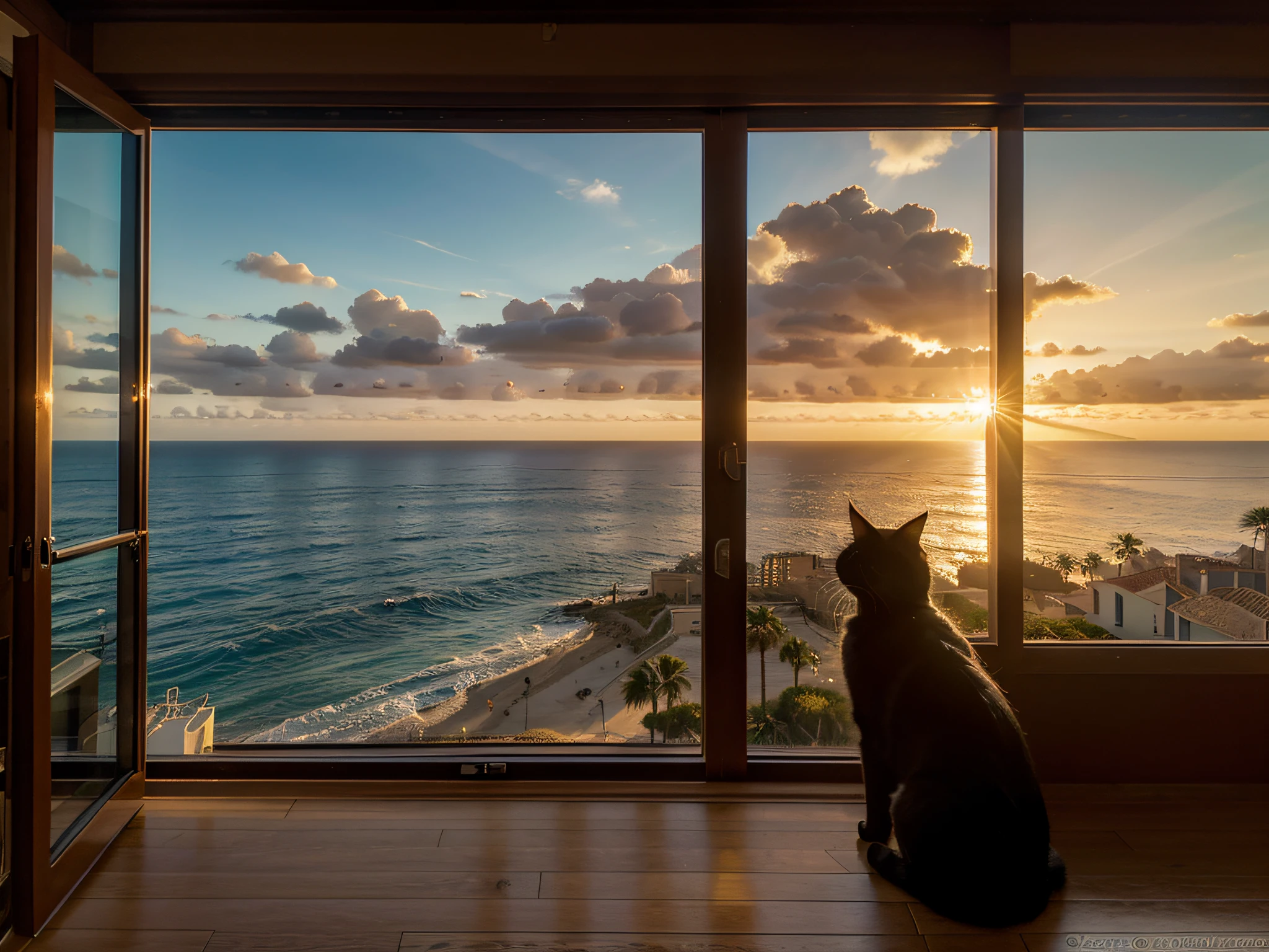 Spain coast near the Mediterranean Sea, A black cat sits by the window and looks at the sea. Three palm trees are visible on the shore and sailing ships are floating in the sea. Sunset rays gently fall and illuminate the cat. Ultra realistic high resolution photography.
