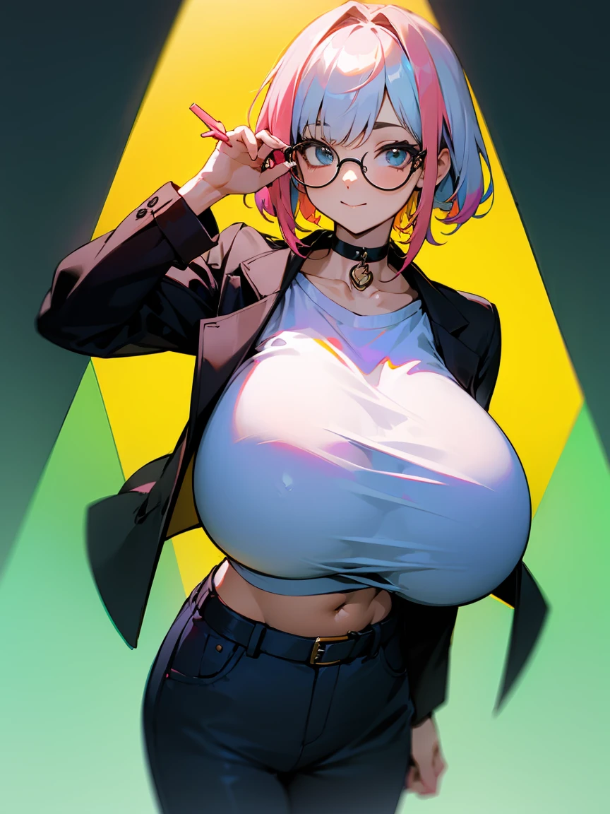 (Male child, eye glasses,A smile, silber hair)、独奏、jaket、Black jacket、Iridescent background、a choker、razor、Leather jacket、O cabelo multicolorido、cowboy shot、Color Inner Hair、bangss、White shirt、Fluffy clothes、Two-tone、Viewer's Perspective、is standing、a closed mouth、A pink-haired、Hand up、croptop、sideways Facing, (large breasts:1.6), (sttretched out shirt around bust), shirt ripping around bust