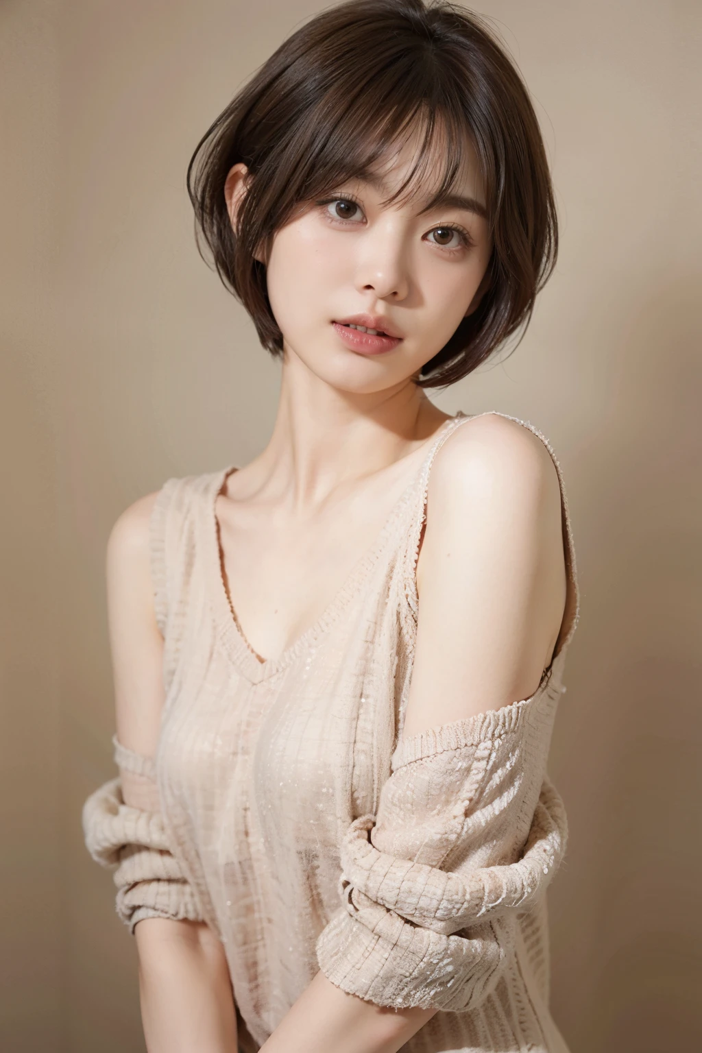 Woman in her early 30s、dark brown hair、short-hair、simple background