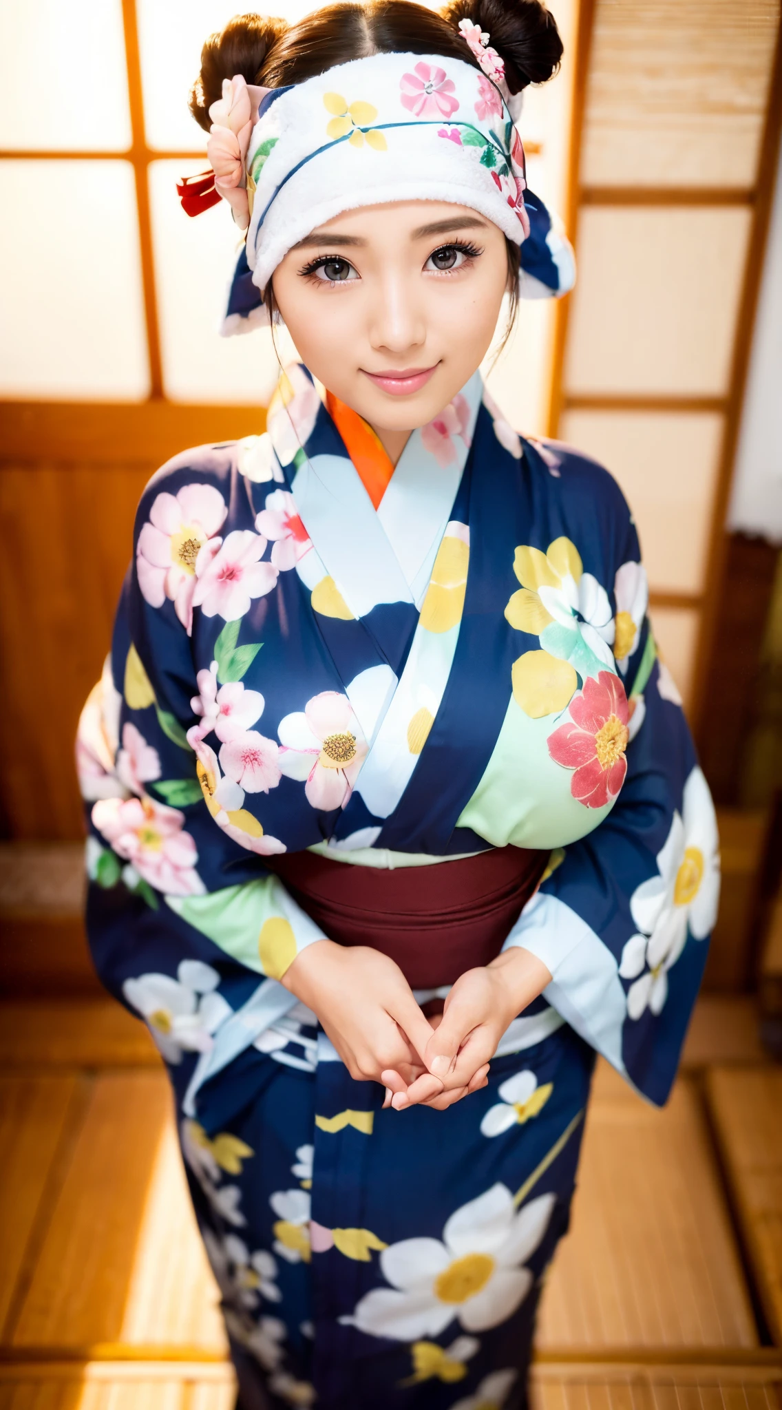 Photo of beautiful Japan woman、28 year old、Solo、(Japanese Yukata、kimono、Obi:1.5)、Semi-long brown hair、Chignon、Bun hair、sface focus、Brobby background、From  above、cleavage of the breast、(8K、Best Quality、masutepiece:1.2)、(Realistic、Photorealsitic:1.37)、Ultra-detailed、1girl in、Cute、Solo、(Colossal breasts:1.3)、(Beautiful detailed eyes)、(Smile)、Closed mouth、Sharp Focus、depth of fields、Good composition、Convoluted、Bokeh、Toned body、Athletic、wide hips、thin waist、toned arms、broad shoulder、full-body view、nape、Wooden bathtub、a towel、hot onsen、