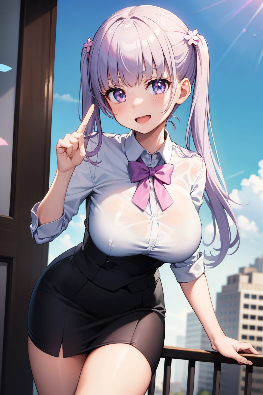 Suzukaze Aoba, Suzukaze Aoba, eyebrows, Hair Ornament, Long hair, (Purple eyes:1.1), Purple hair, (Twin-tailed:1.3),Blake Blue Skirt, Bow, bowtie, Business Suit, dress shirts, Formal, Neck ribbon, pink bows, pink bowtie, Pink ribbon, bow ribbon, Shirt, Skirt, Skirt suit, Suit, White shirt、Naughty big、Big breasts emphasis,BREAK looking at viewer,BREAK (masutepiece:1.2), Best Quality, High resolution, Unity 8k壁纸, (Illustration:0.8), (Beautiful detailed eyes:1.6), extra detailed face, Perfect Lighting, extremely details CG, (Perfect hands, Perfect Anatomy),Smile with open mouth、highrise buildings、blue-sky、outside of house、On the roof of a building、is standing、cowboy  shot、thighs thighs thighs thighs