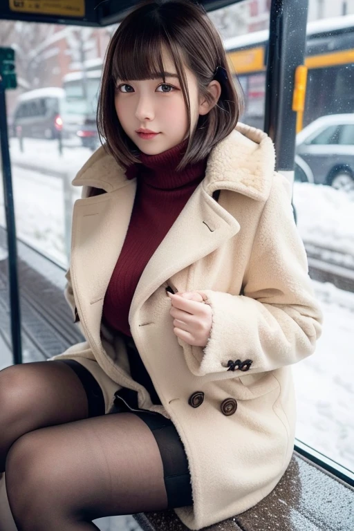 Close-up shot of a high school girl with super long legs, showing her huge breasts that are about to fall out of her long fur coat, sitting at a snowy bus stop waiting for the bus. Pleated skirt, stockings, short hair, bangs pinned up.