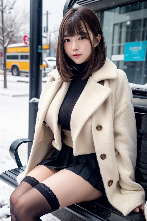 Close-up shot of a high school girl with super long legs, showing her huge breasts that are about to fall out of her long fur coat, sitting at a snowy bus stop waiting for the bus. Pleated skirt, stockings, short hair, bangs pinned up.