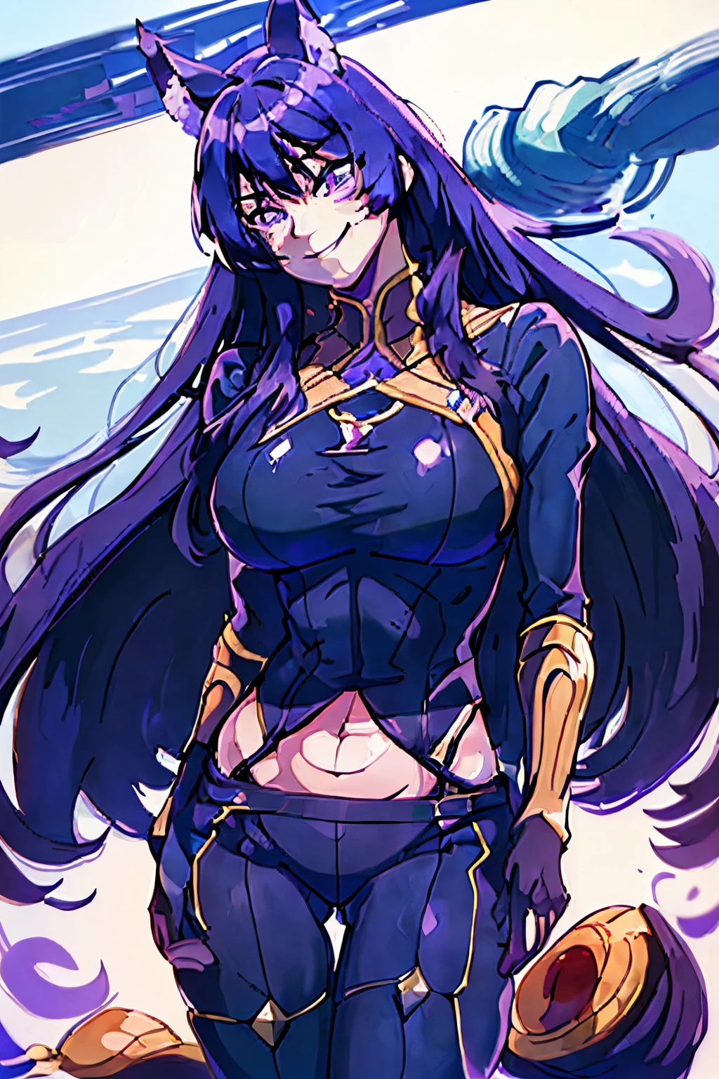 DELTA, standing, open pose, looking at viewer, facing at viewer, upper body, eye level, plain background, best quality, ultra detailed, beautiful, masterpiece, best quality, facing front, smiling, smirk, smile