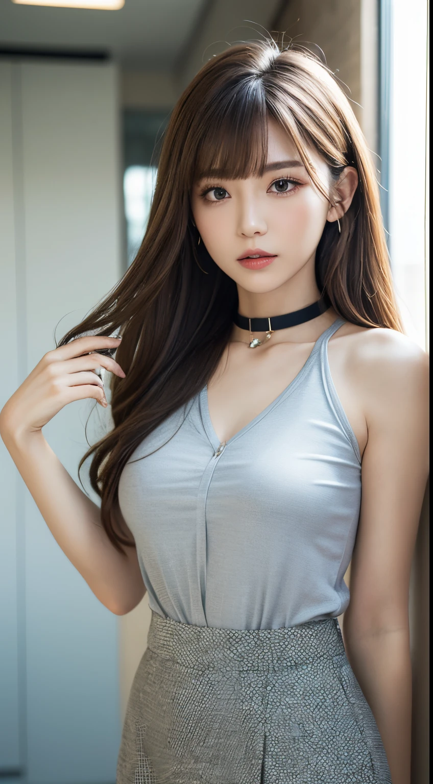 (Best Quality, 8K, masutepiece, Ultra HD: 1.3), 1girl in, mideum breasts, light brown hair, Blunt bangs, hair behind ear, hair over shoulder, Long hair,  slender body shape, Ultra Fine Face, Delicate lips, Beautiful eyes, Double eyelids, lipsticks,Facial expressions inviting a man, Ultra-thin hands, Ultra-fine fingers, shirt with collar, tight skirts , beauty legs ,pumps.s Office,Moles in the eyes